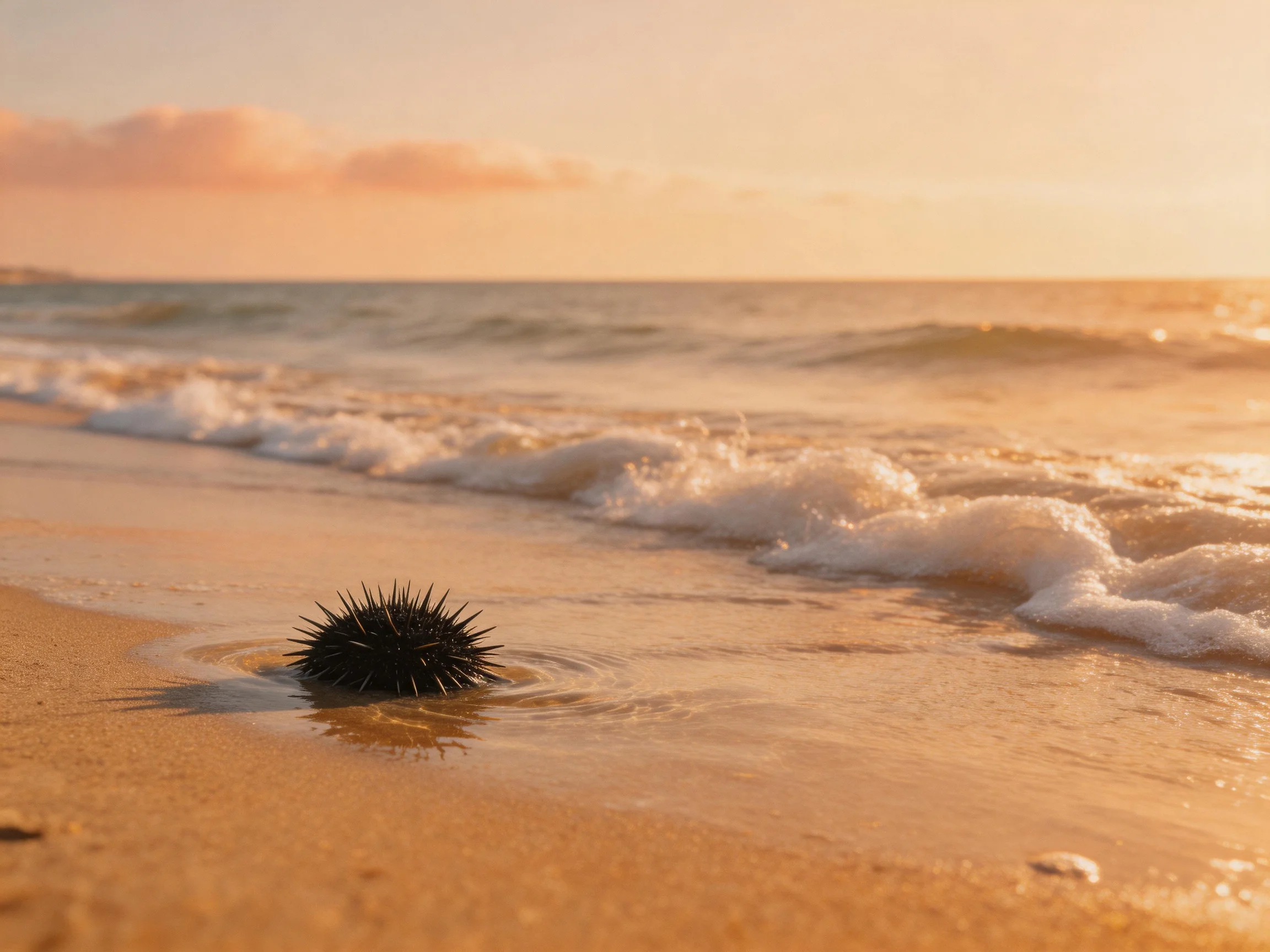 A dark spiky sea urchin sits on wet sandy beach at sunset