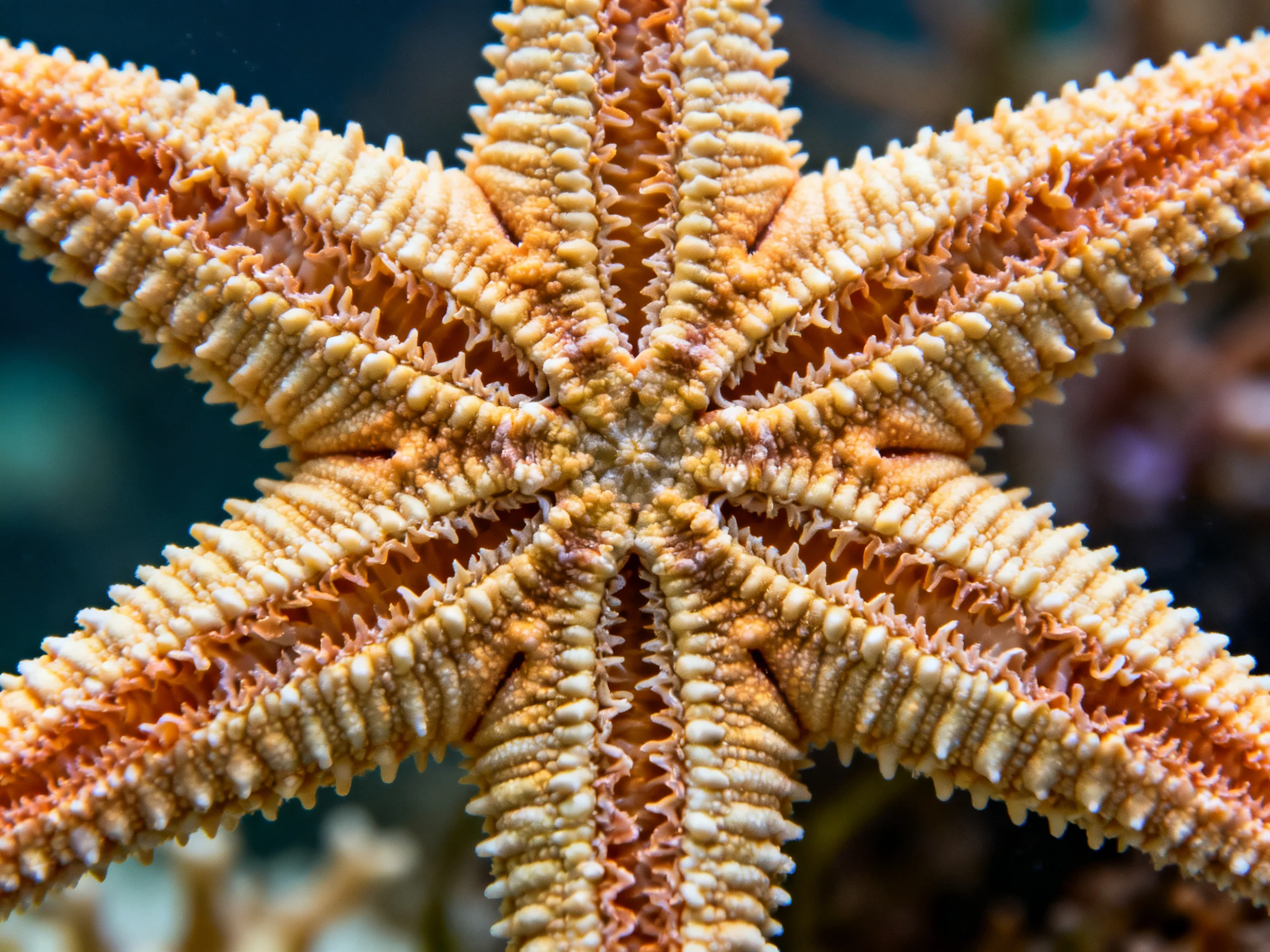 A detailed close-up of an orange-brown sea star with five textured arms