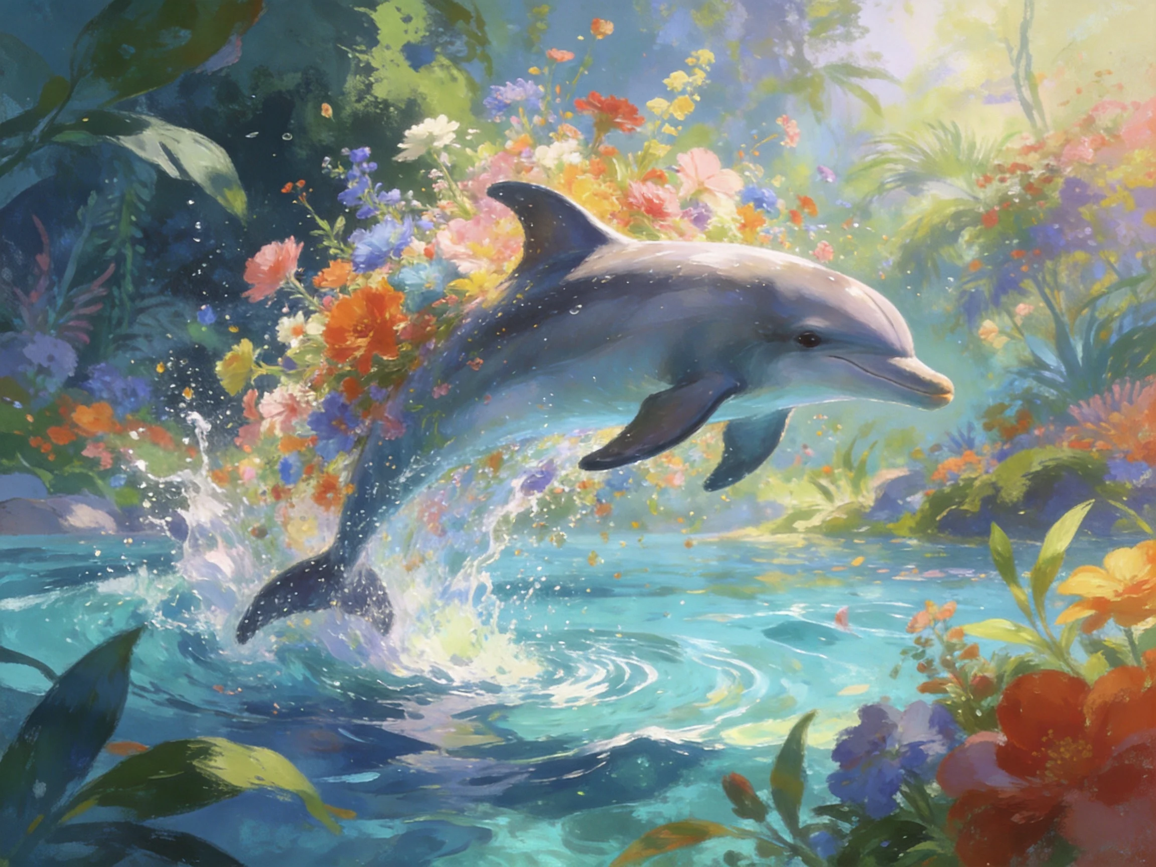 A dolphin leaps among vibrant flowers in a sunlit aquatic landscape