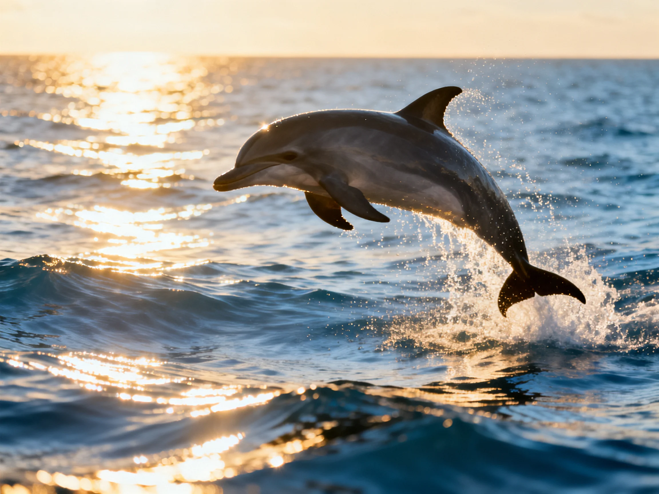A dolphin leaps from shimmering ocean waves at golden hour