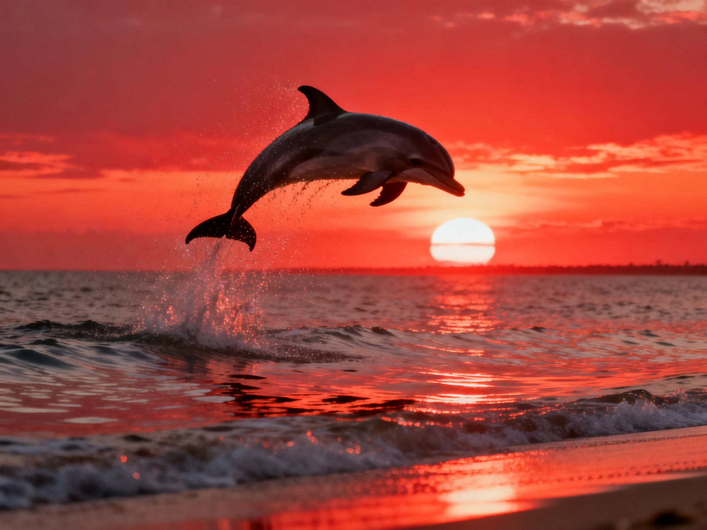 A dolphin leaps over ocean waves beneath a vibrant red sunset