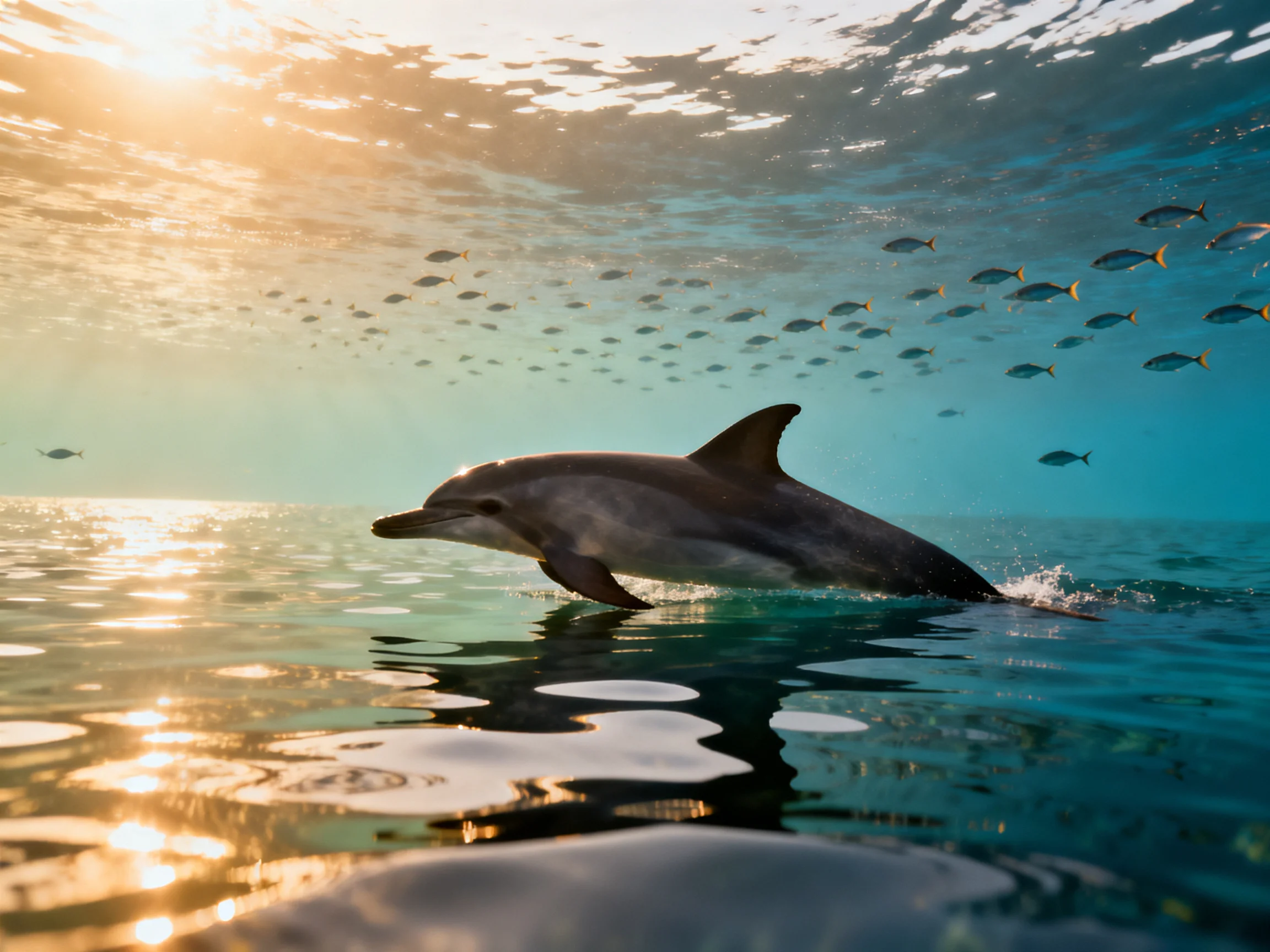 A dolphin swimming amid fish in sunlit turquoise waters