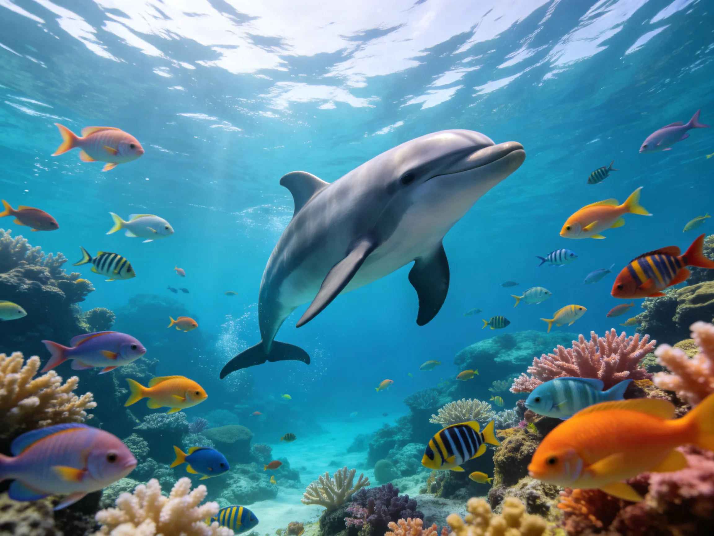 A dolphin swims among vibrant fish and coral reefs underwater
