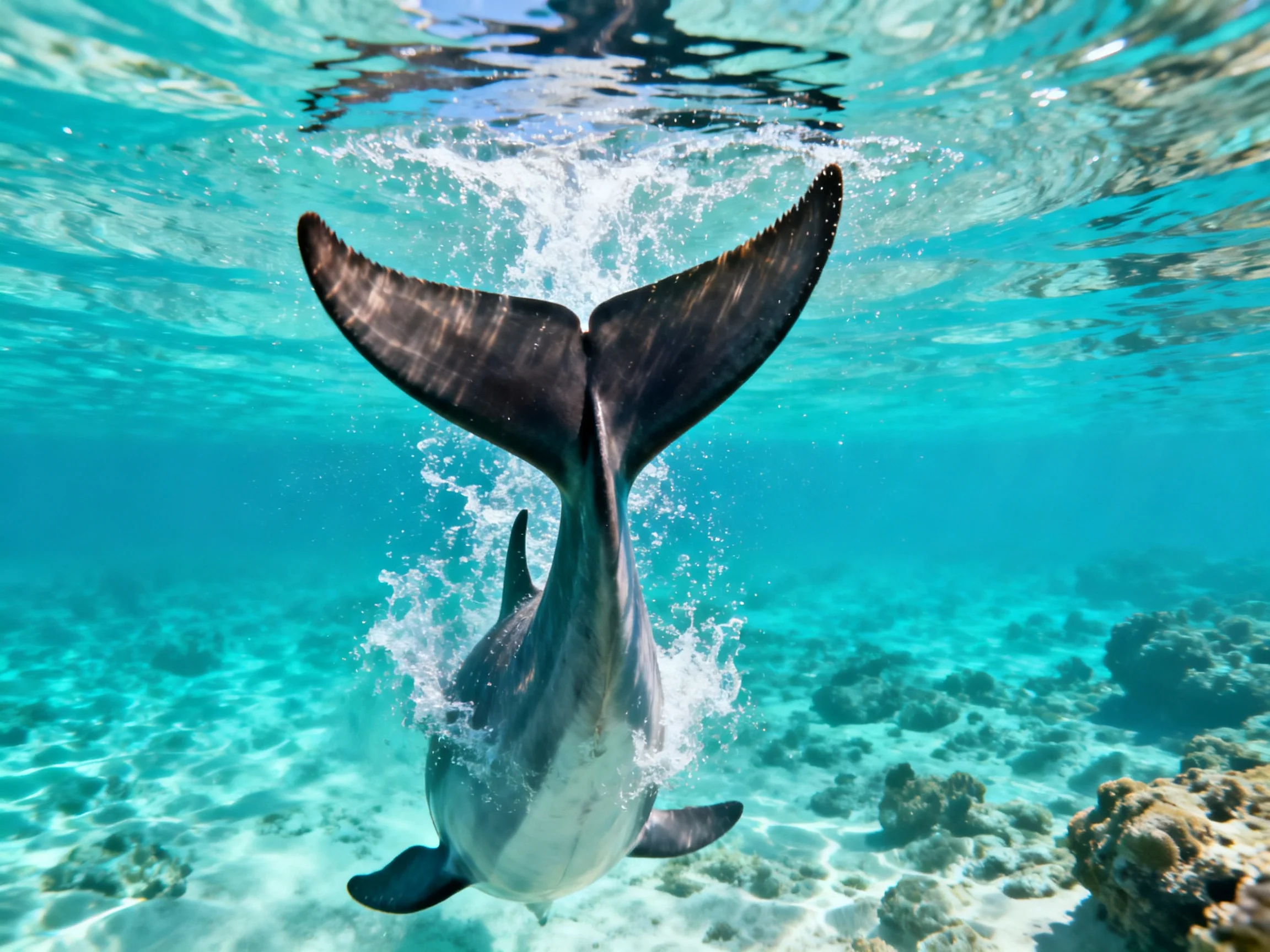 A dolphins large tail breaking through turquoise seawater