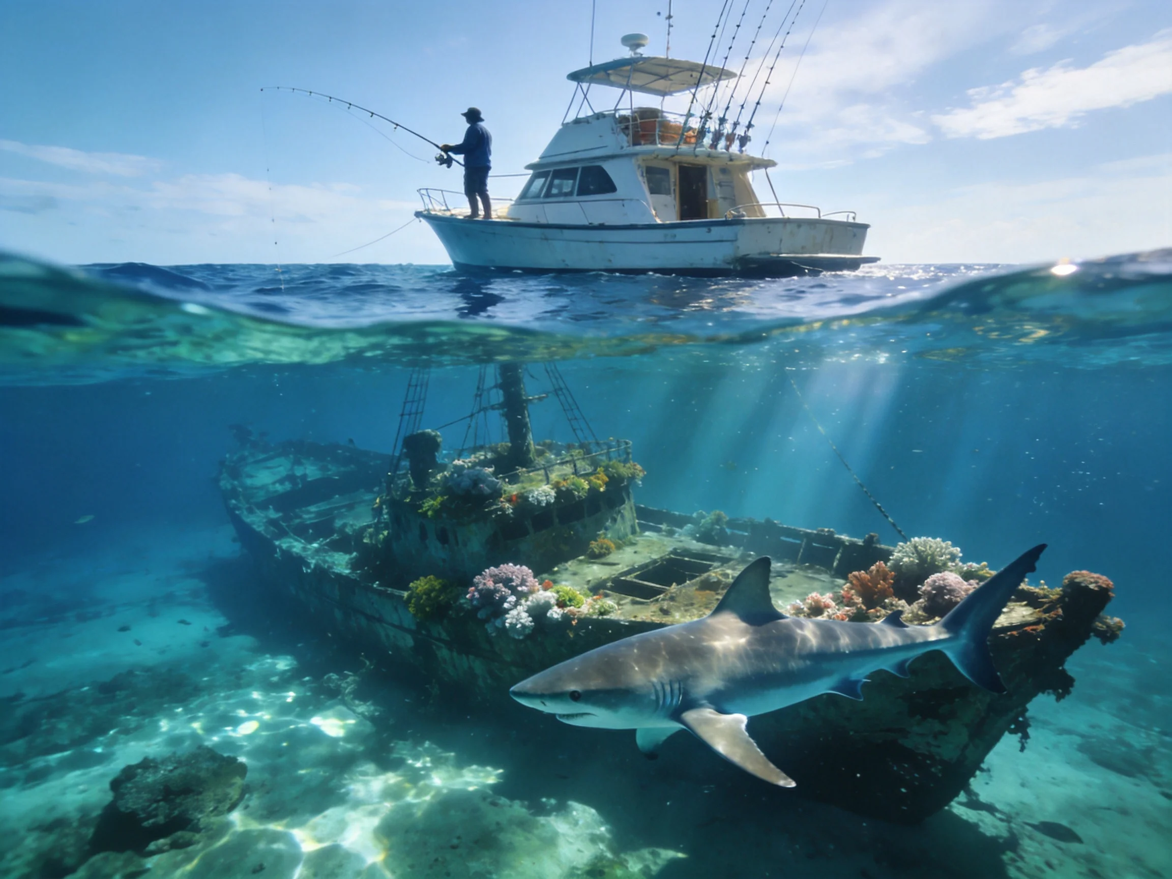 A fishing boat, shark, and coral-covered shipwreck in clear blue water