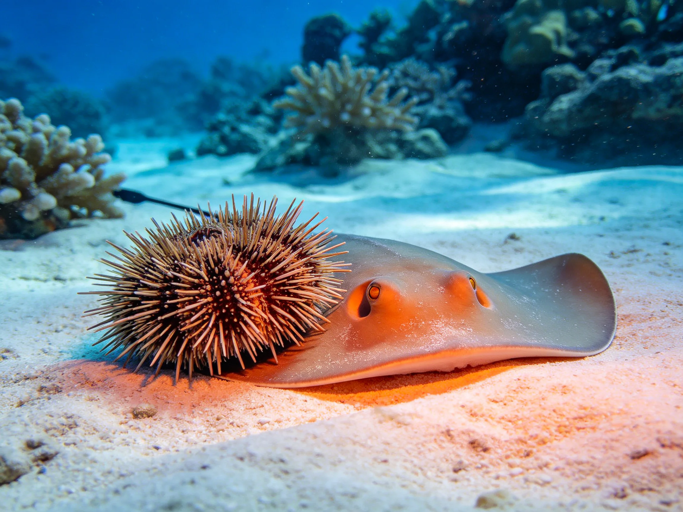 A flat gray ray rests near a spiky brown sea urchin on sandy seabed