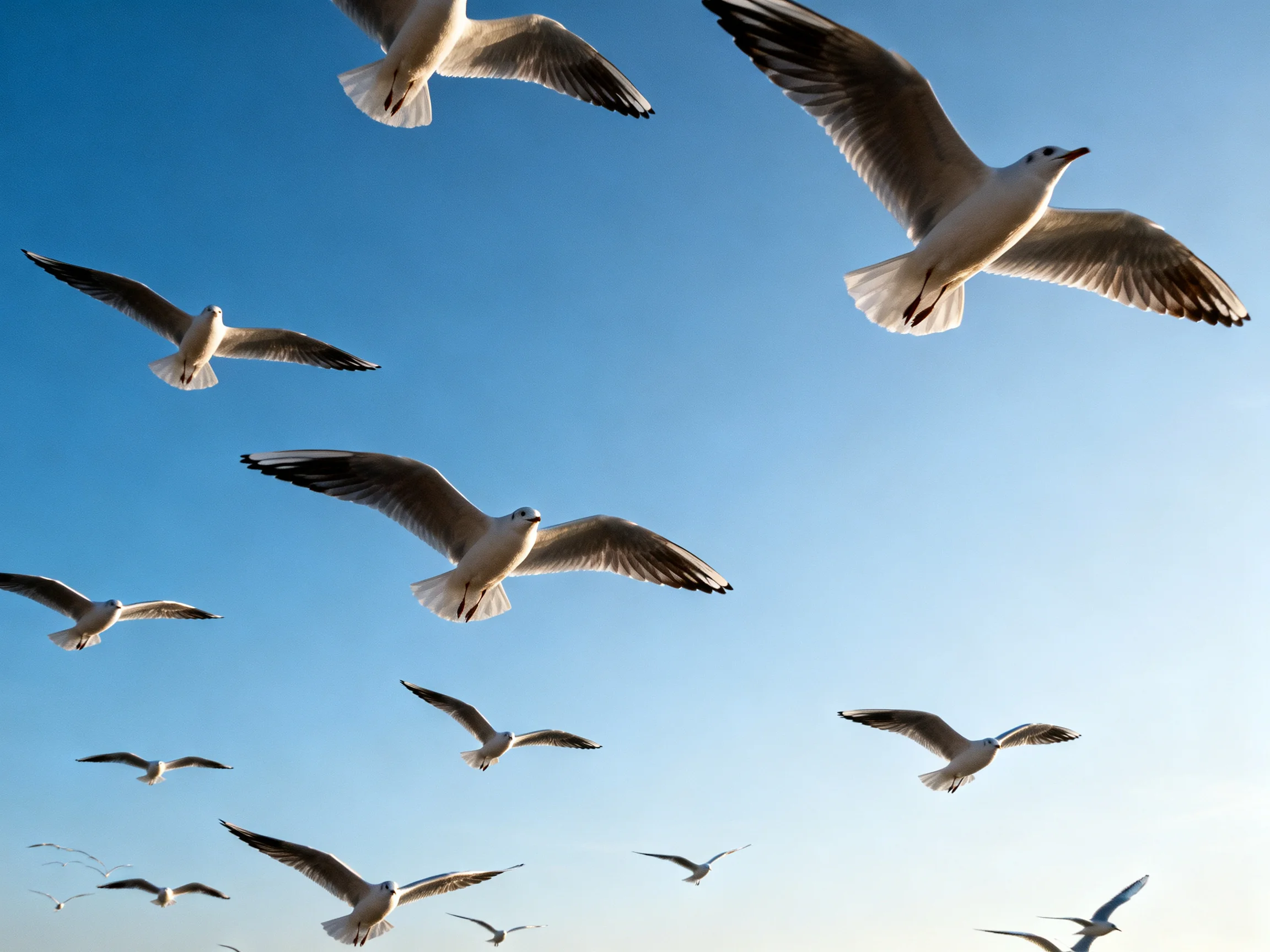 A flock of seagulls soaring in a bright blue sky