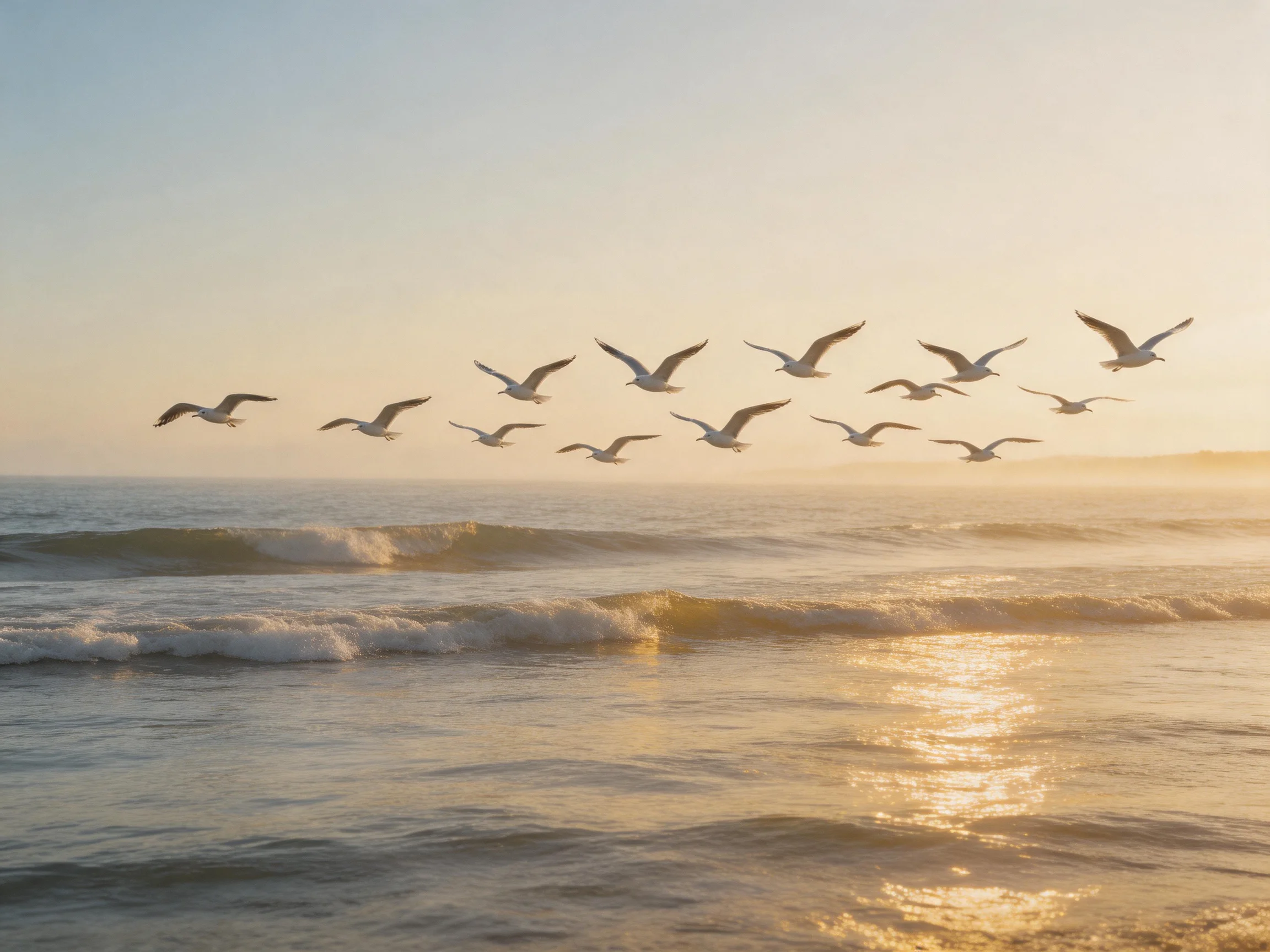 A flock of seagulls soaring over golden-hued ocean waves