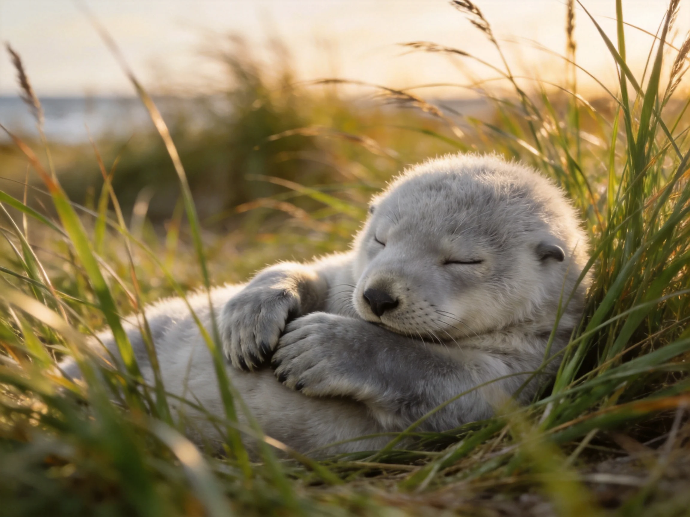 A fluffy gray pup sleeps nestled in tall golden grasses under warm sunlight