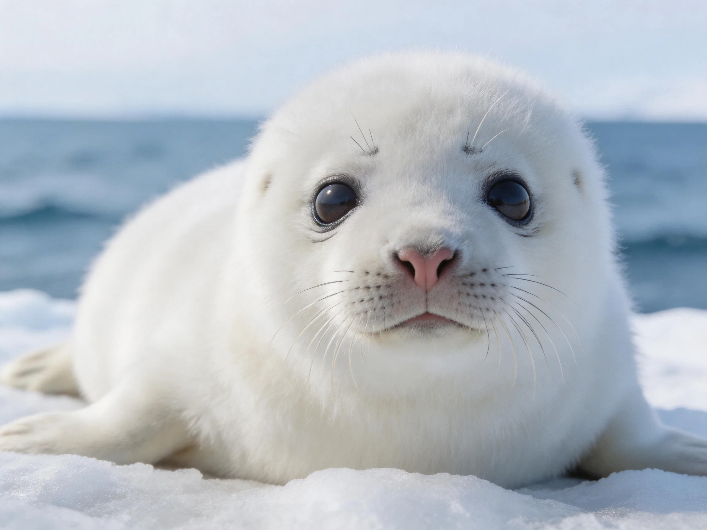 A fluffy white baby seal resting on icy terrain by the ocean