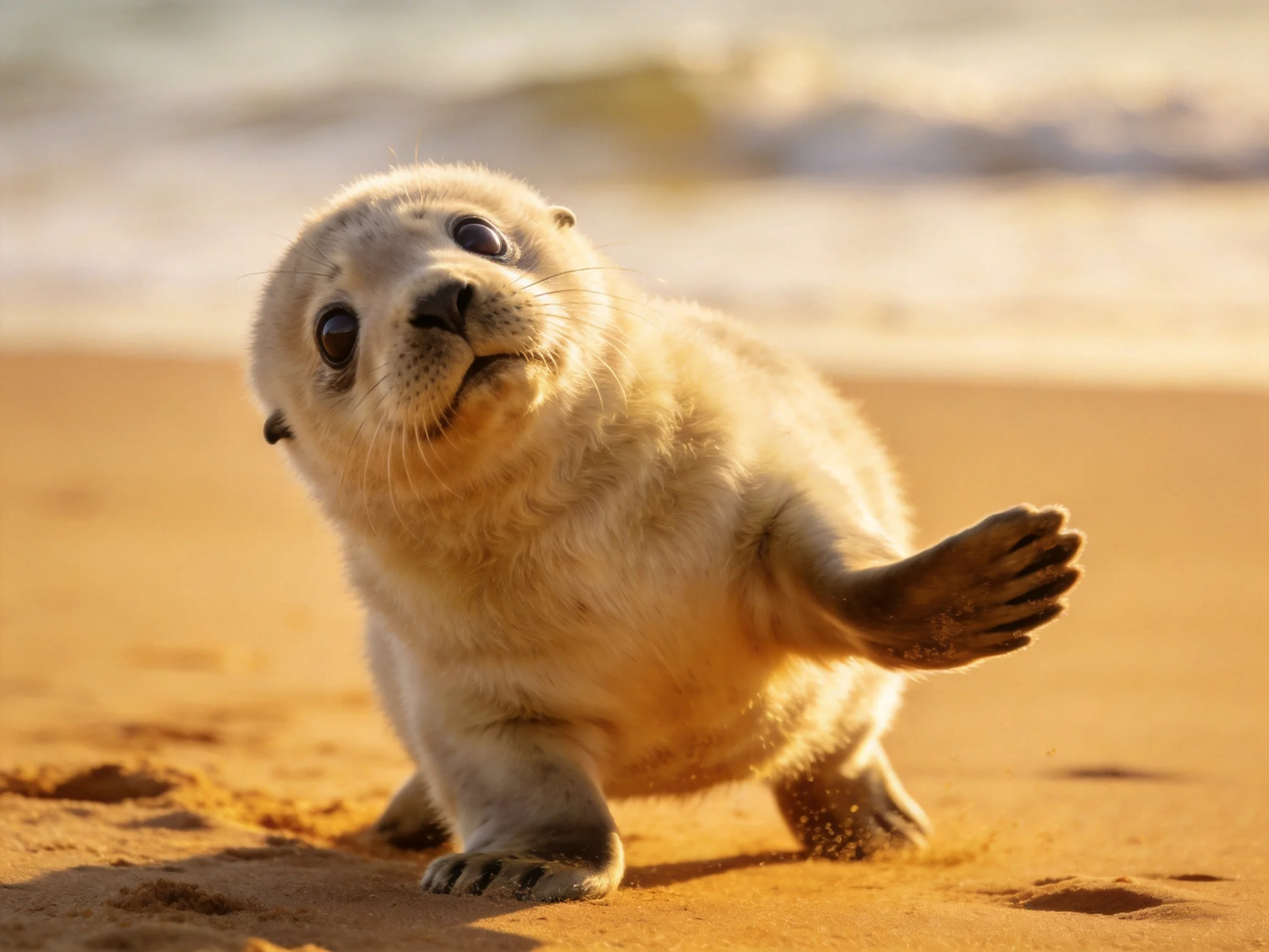 A fluffy white seal pup exploring a golden sandy shore