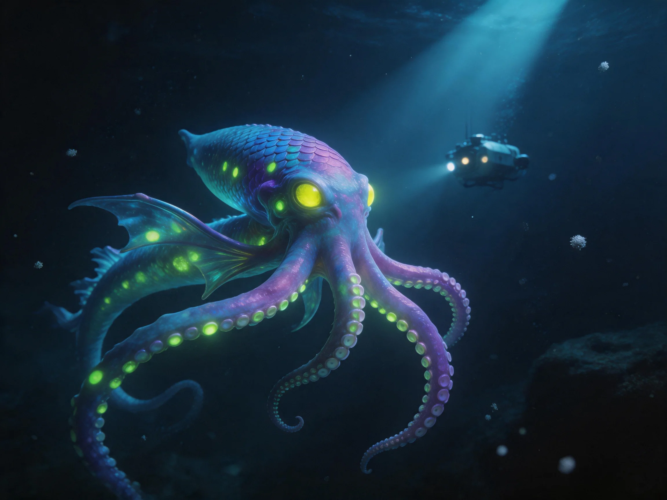 A giant bioluminescent squid swimming near a submersible in deep ocean