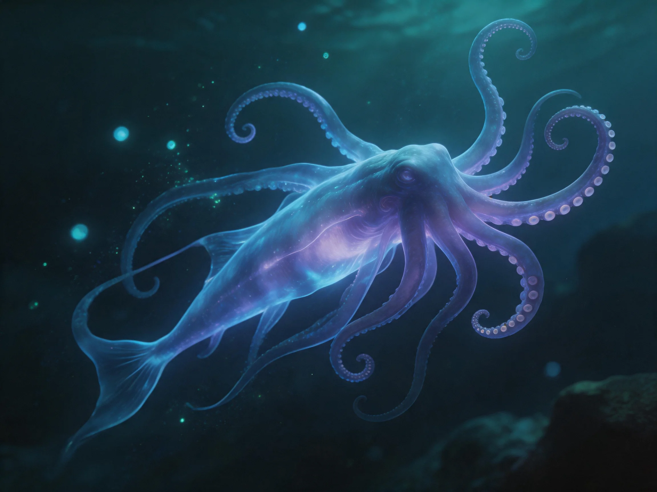 A giant, bioluminescent squid swims in dark ocean depths