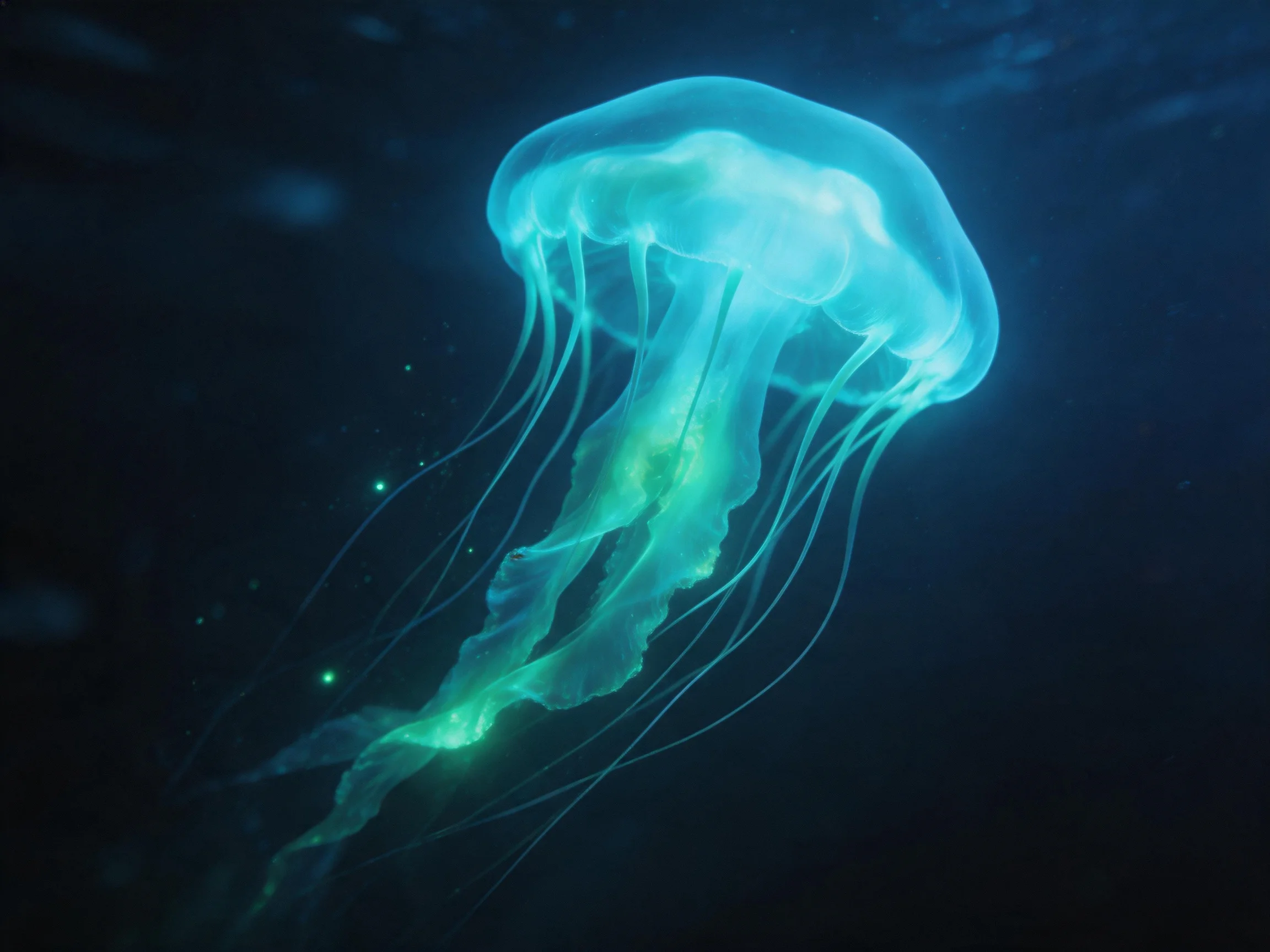A glowing blue jellyfish drifts in dark ocean depths