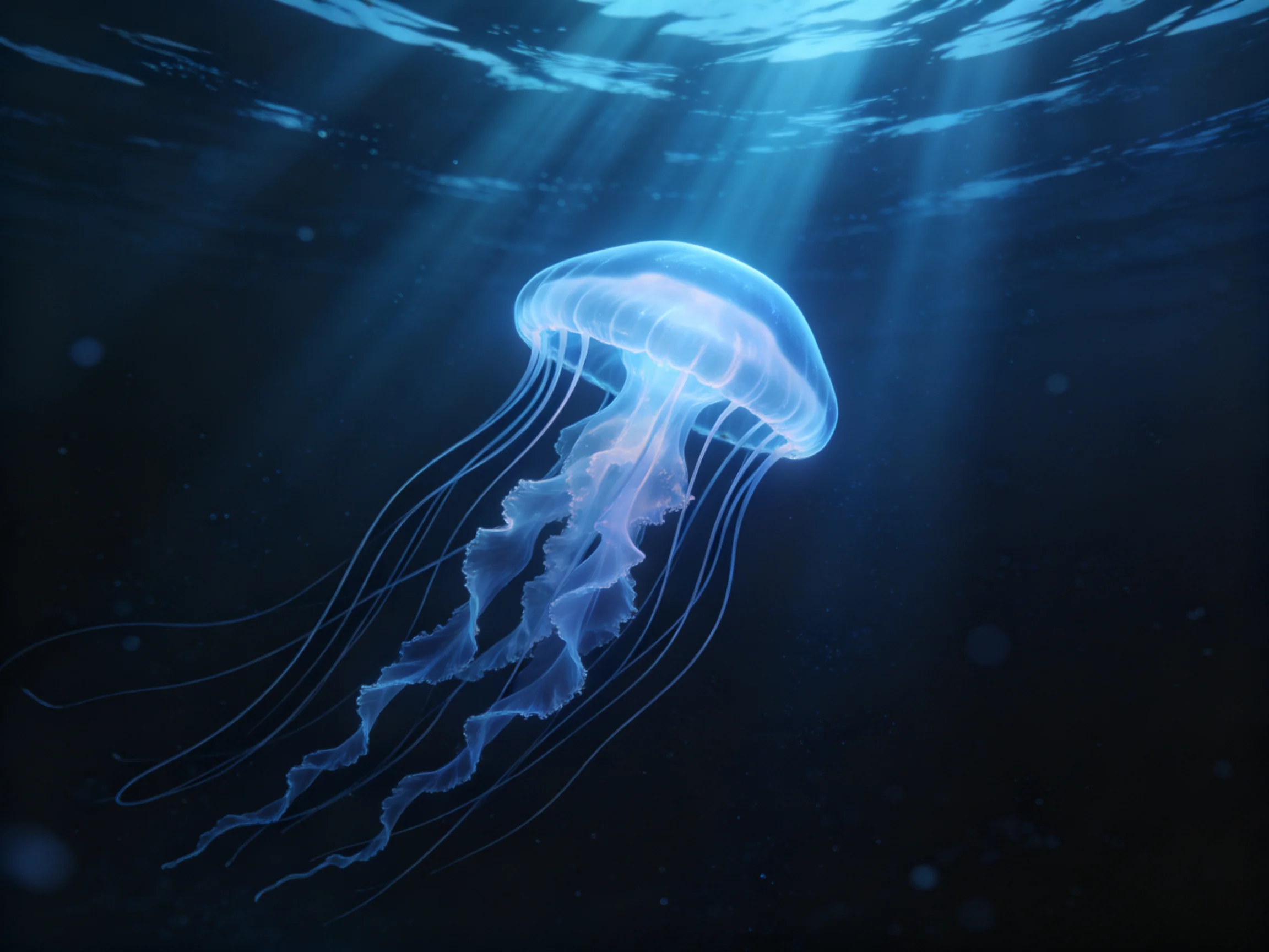 A glowing blue jellyfish swims in deep ocean waters