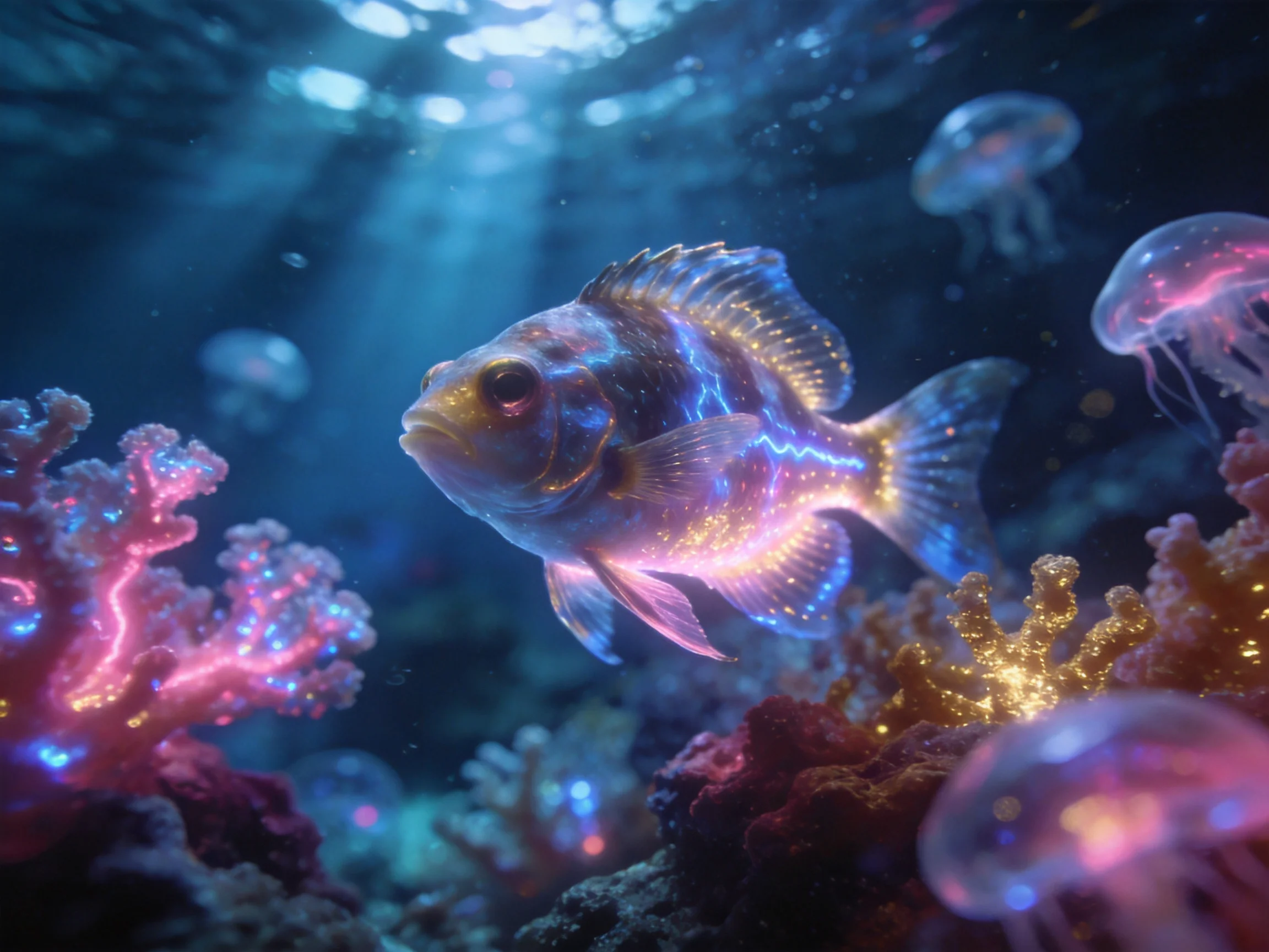 A glowing fish swims amid bioluminescent corals and jellyfish