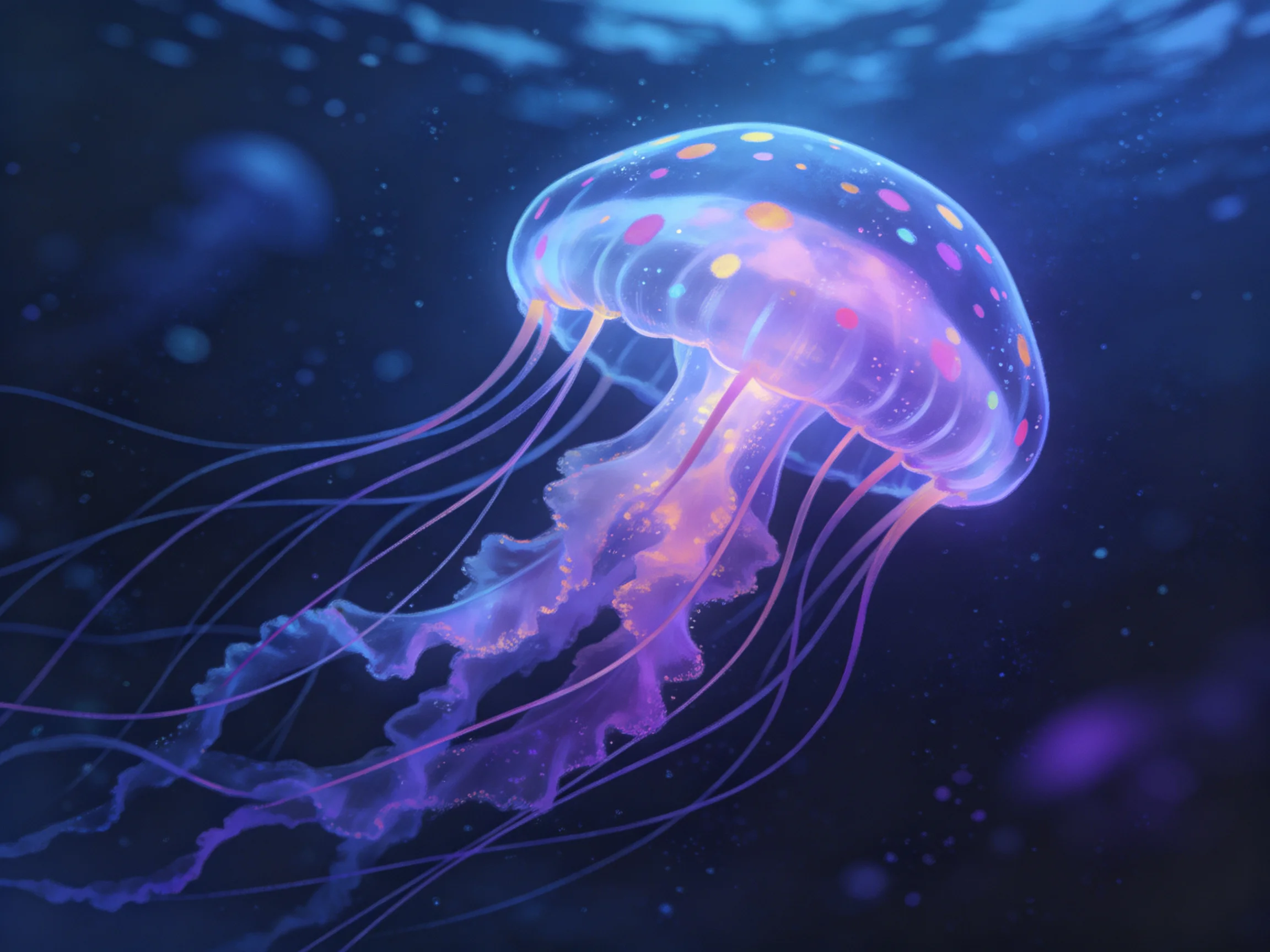 A glowing jellyfish with colorful spots drifts in dark blue water