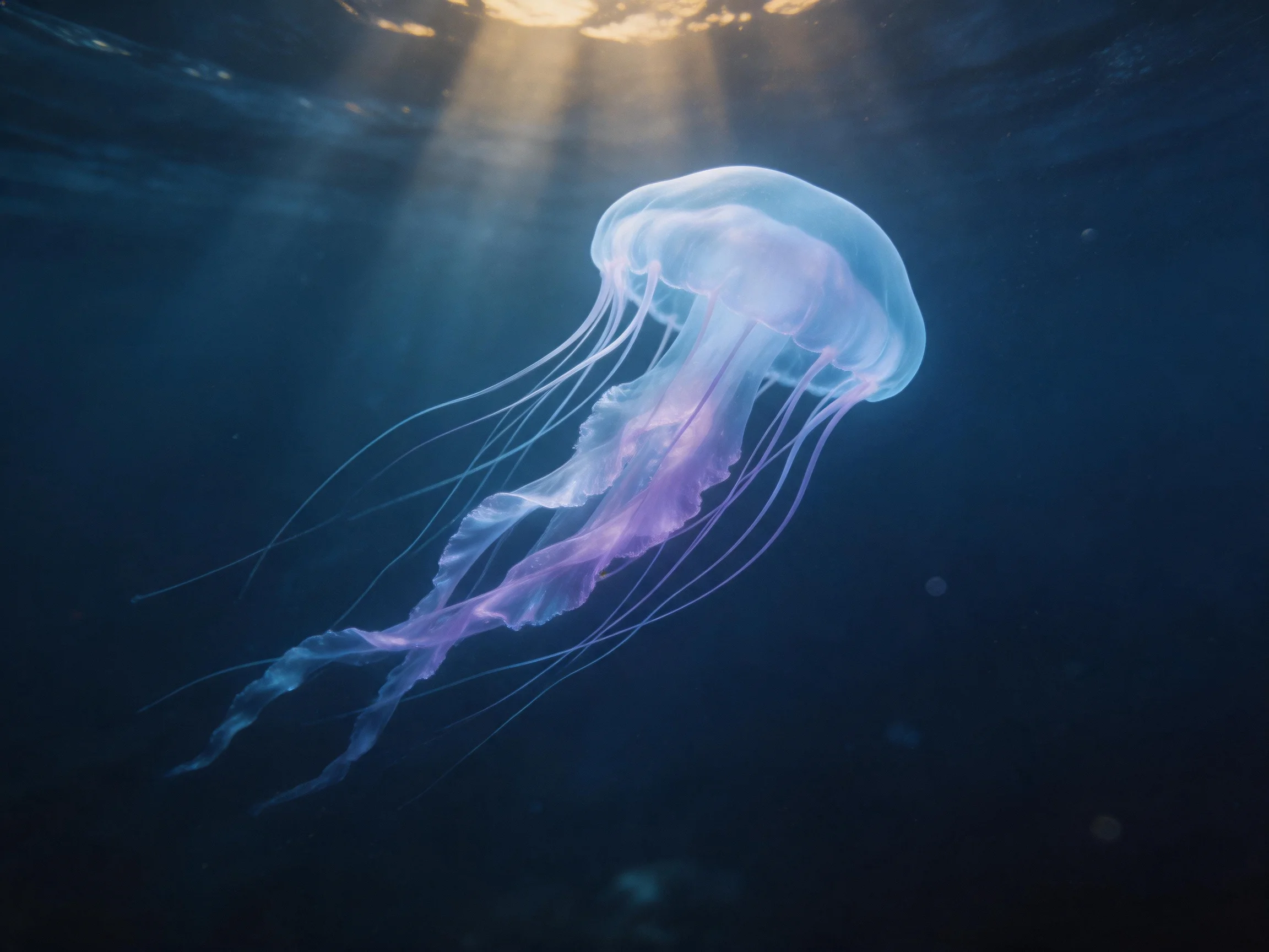 A glowing purple jellyfish drifts in deep blue ocean depths with sunlight beams
