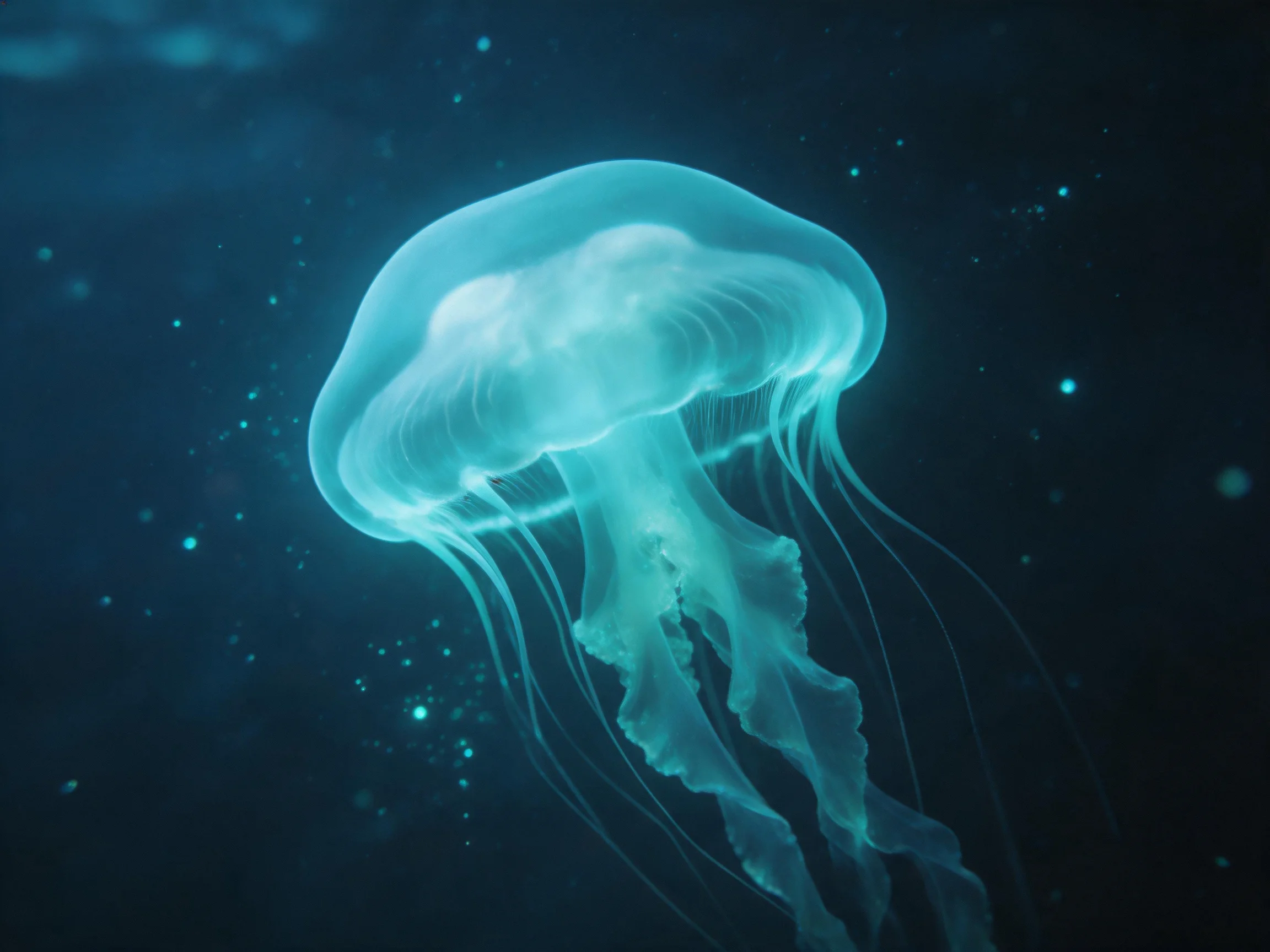 A glowing turquoise jellyfish floats in dark blue water