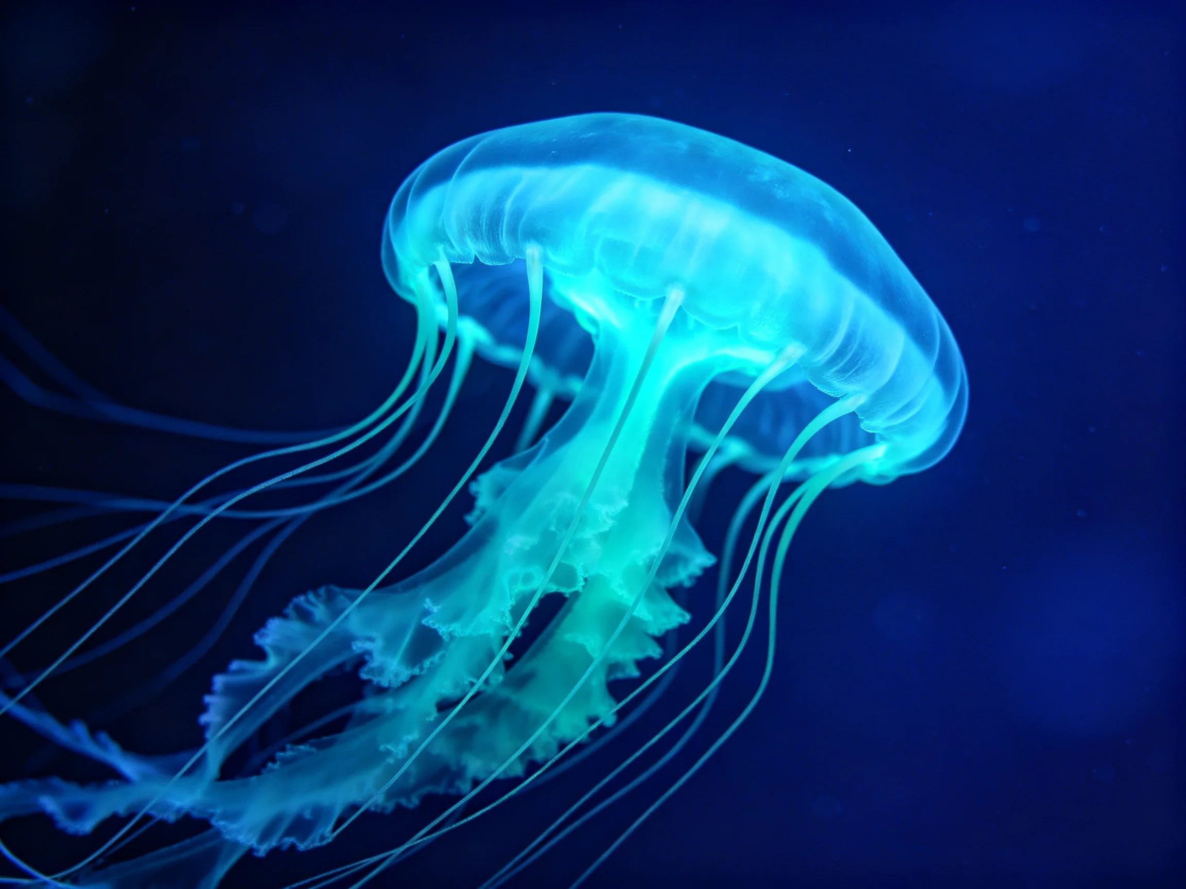 A glowing turquoise jellyfish with long tentacles in dark blue water