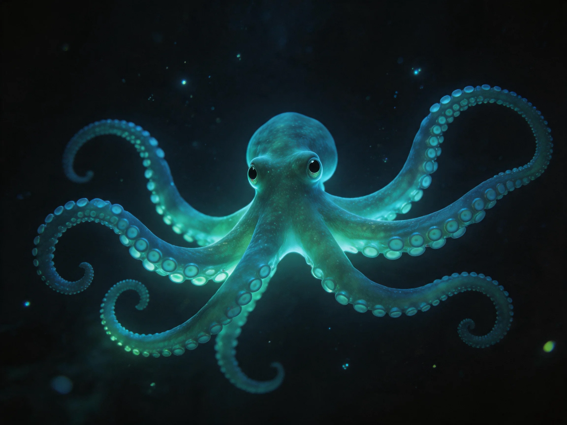 A glowing turquoise octopus with curled tentacles in deep darkness