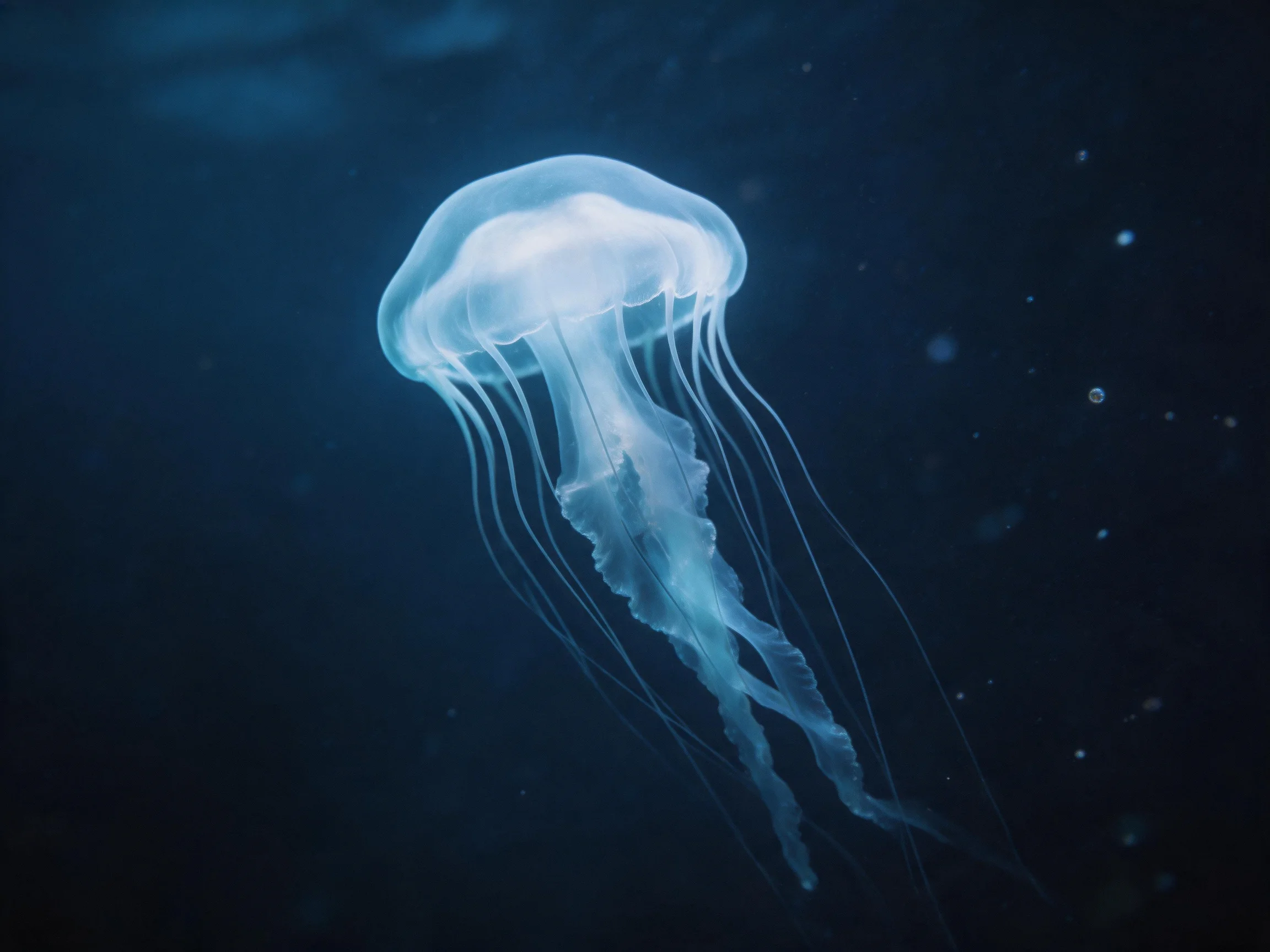 A glowing white jellyfish floats in deep blue ocean waters