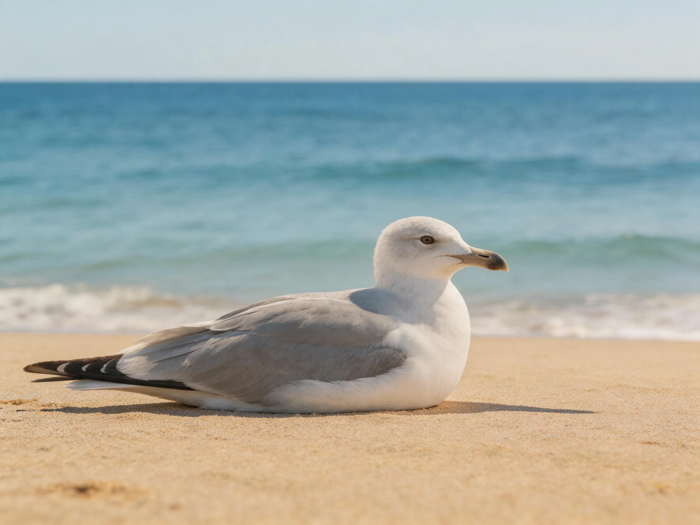 A gray and white seagull rests on sandy beach near blue ocean waves