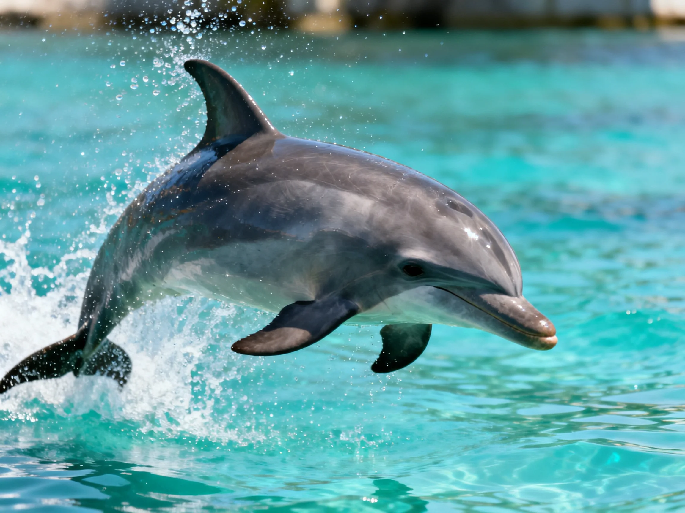 A gray dolphin leaps energetically over bright turquoise water