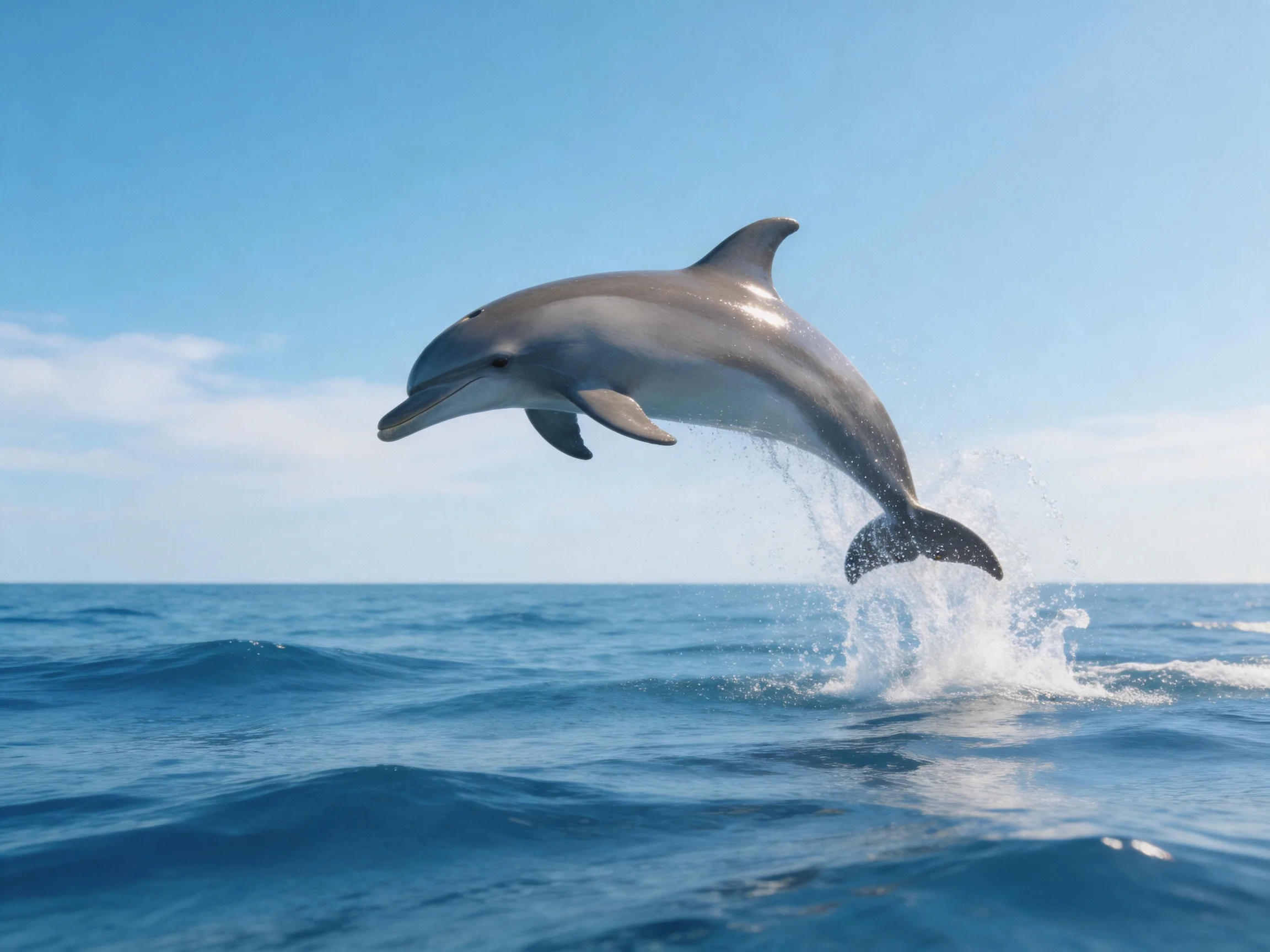 A gray dolphin leaps from blue ocean waters under clear sky