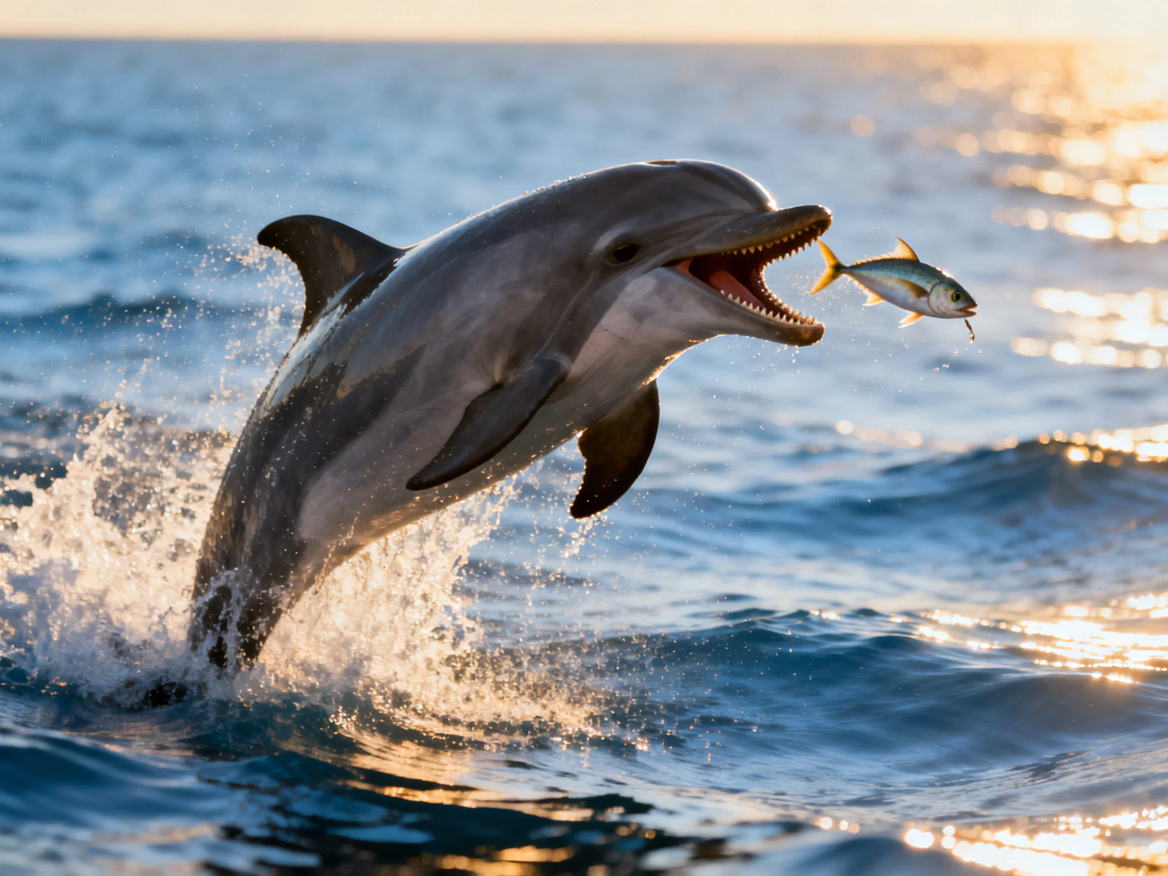 A gray dolphin leaps from blue ocean waves with a silver fish