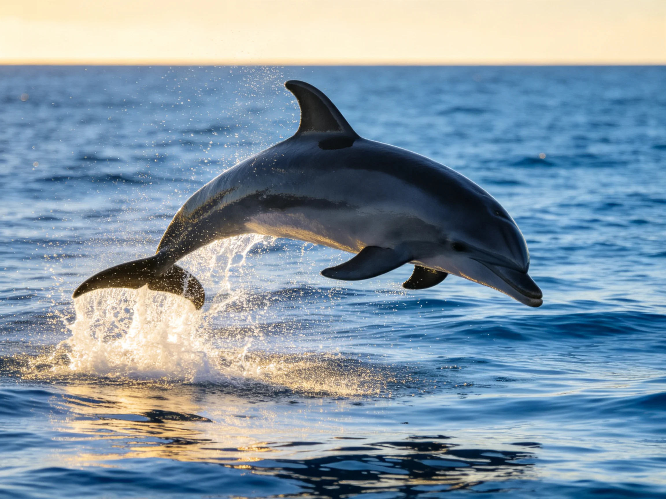A gray dolphin leaps from deep blue ocean waters at sunset