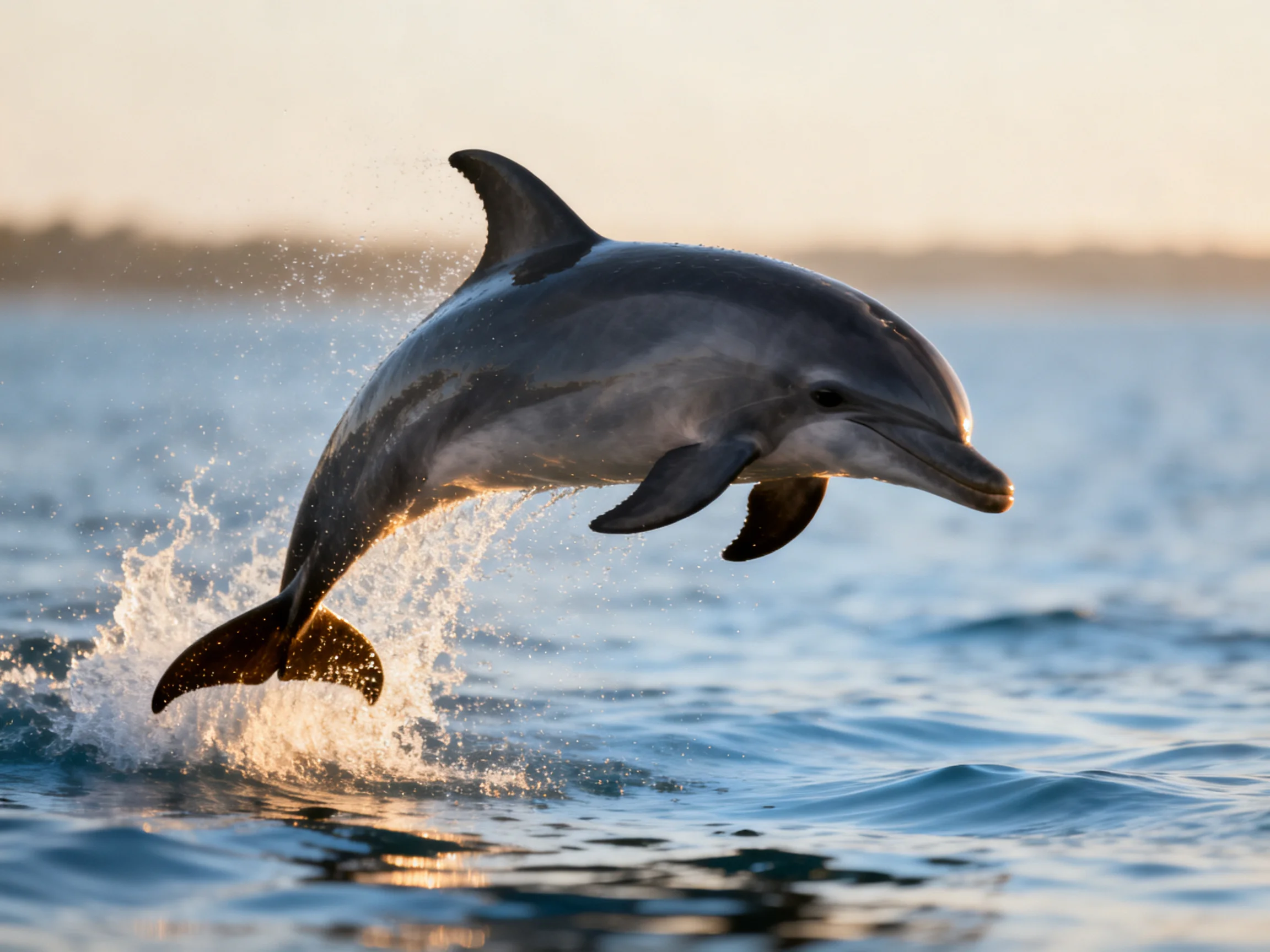 A gray dolphin leaps from shimmering blue ocean waters