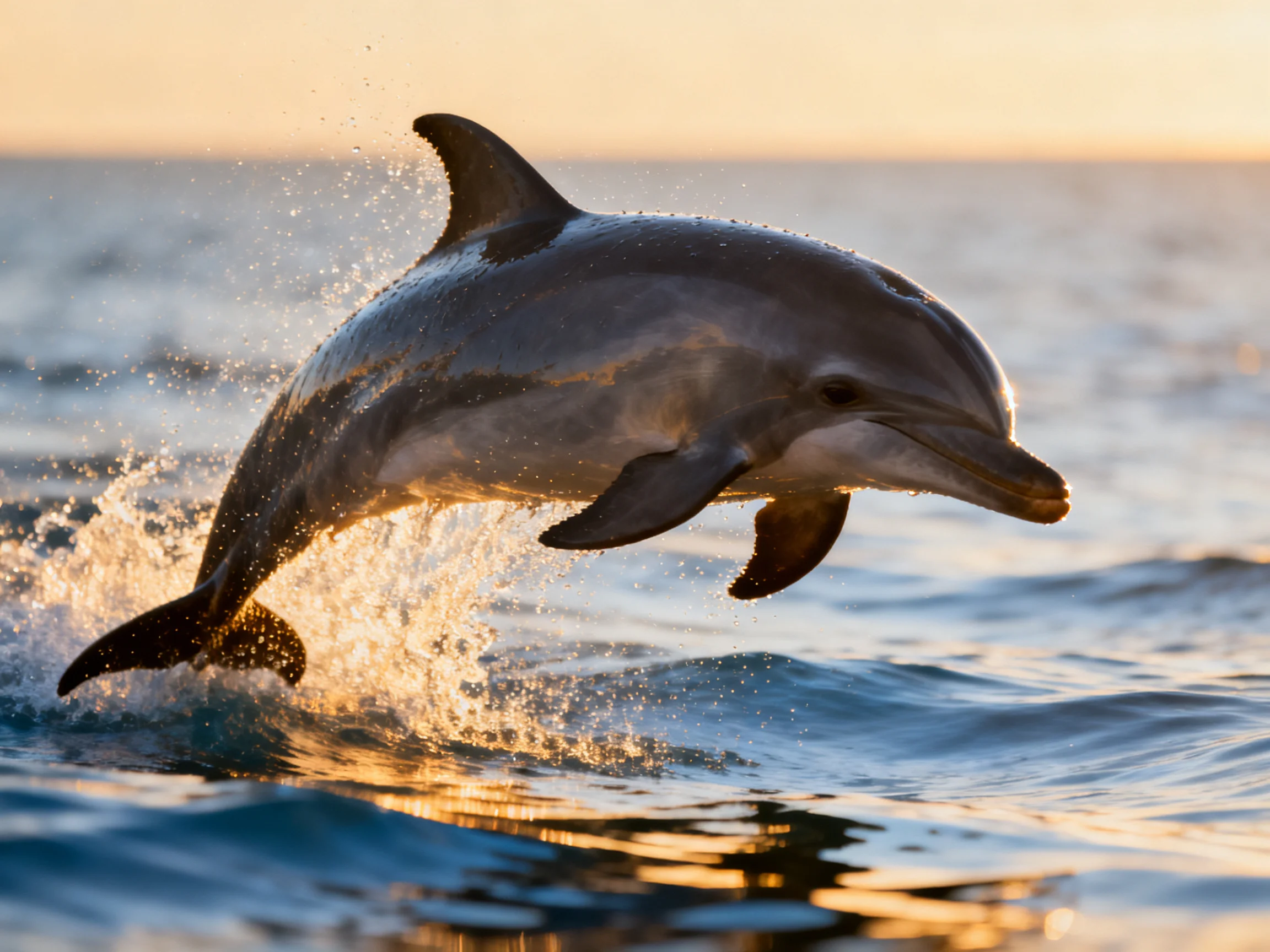 A gray dolphin leaps from turquoise ocean waters at golden hour