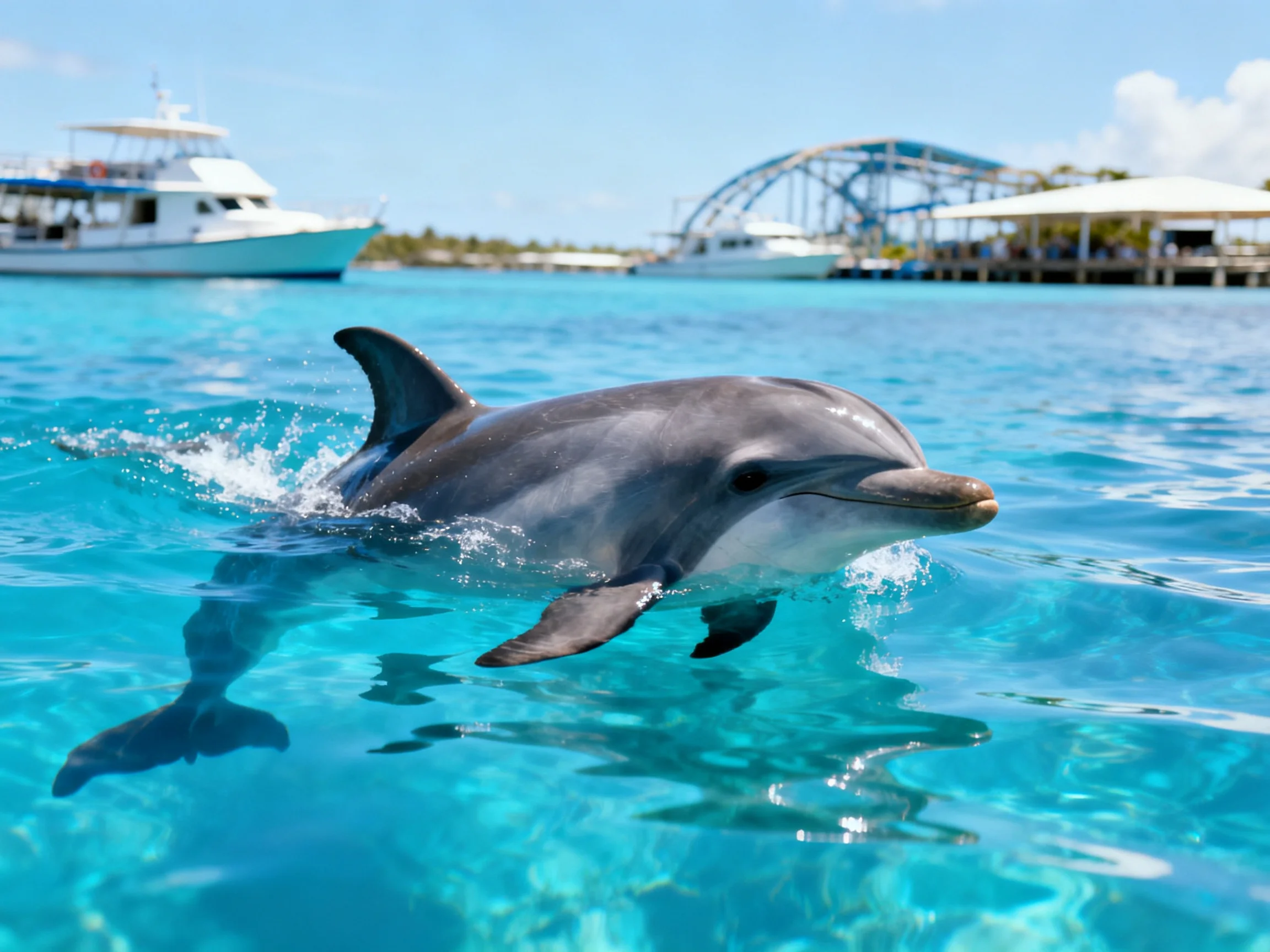 A gray dolphin leaps from turquoise waters near white boats
