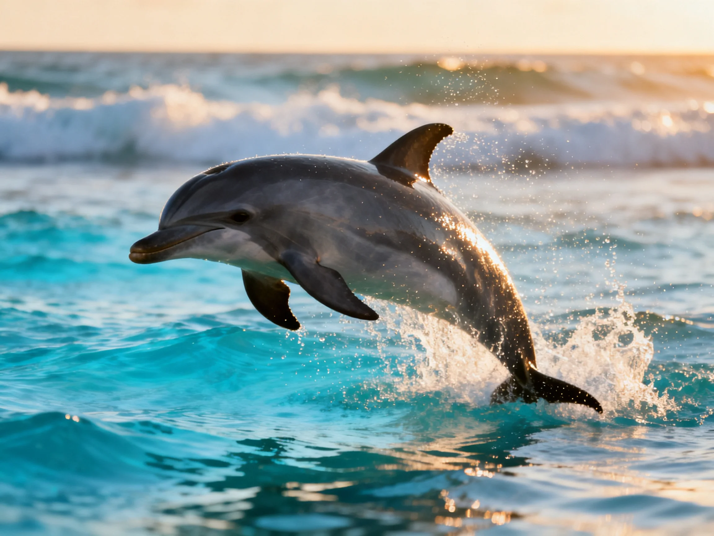 A gray dolphin leaps from turquoise waves under golden sunlight