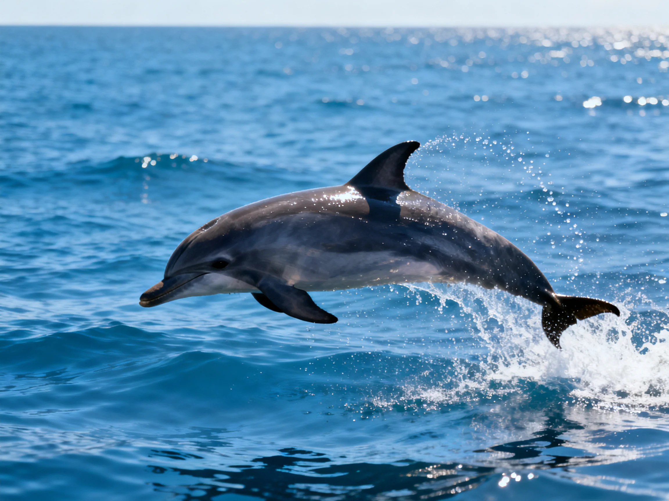 A gray dolphin leaps high above vibrant blue ocean waves