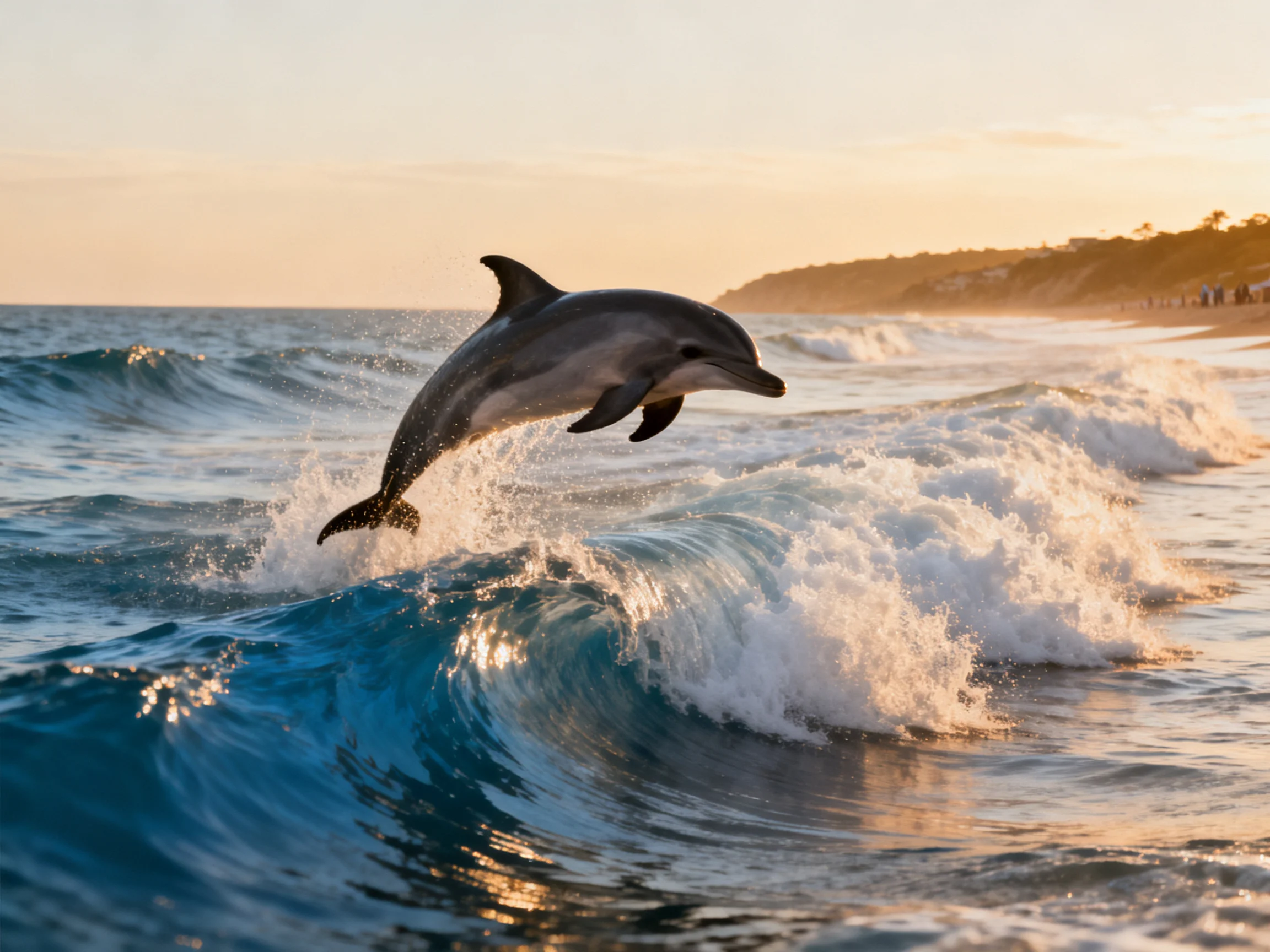 A gray dolphin leaps over turquoise waves by a sandy shore