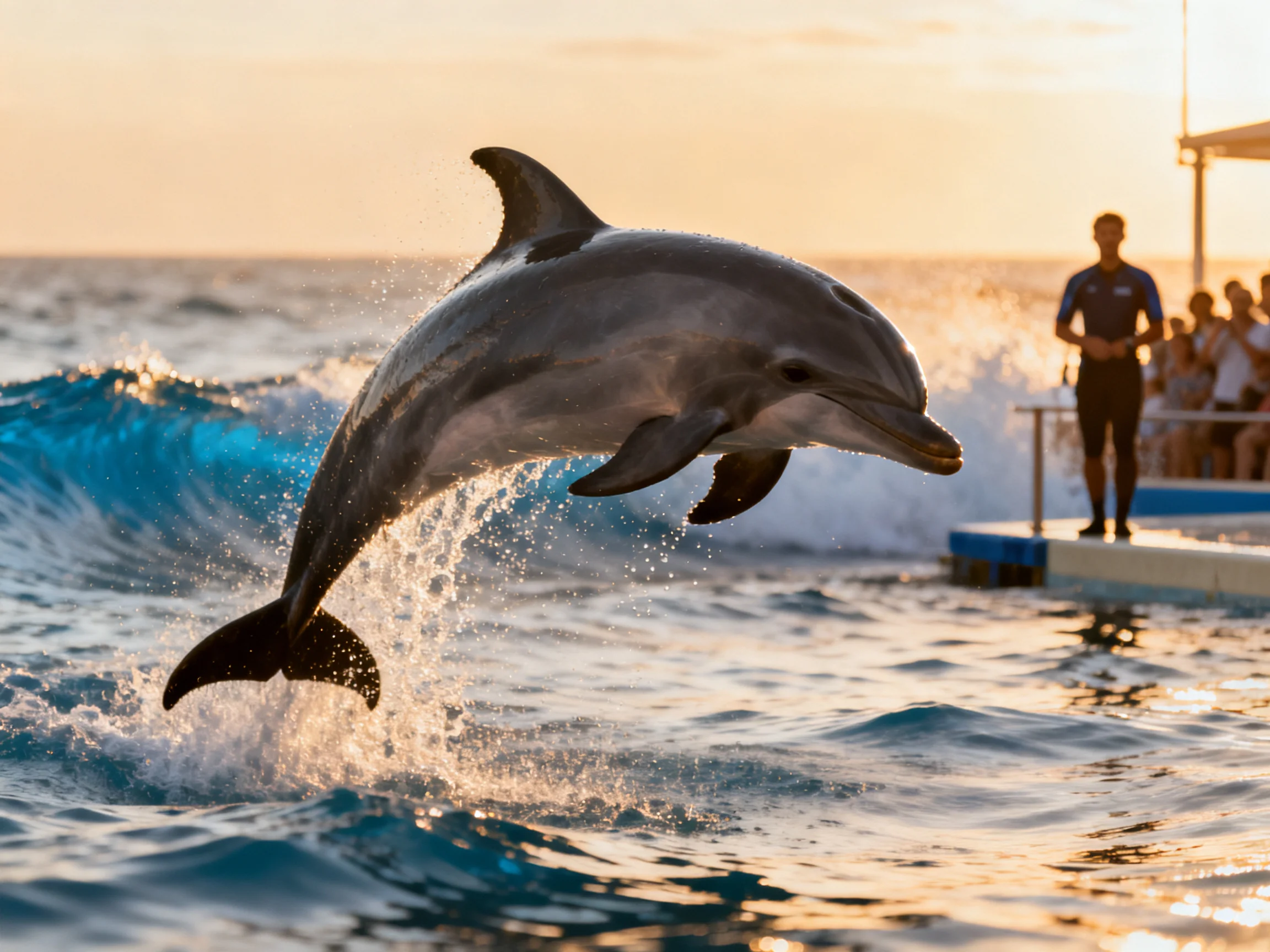 A gray dolphin leaps over turquoise waves near a sunset crowd
