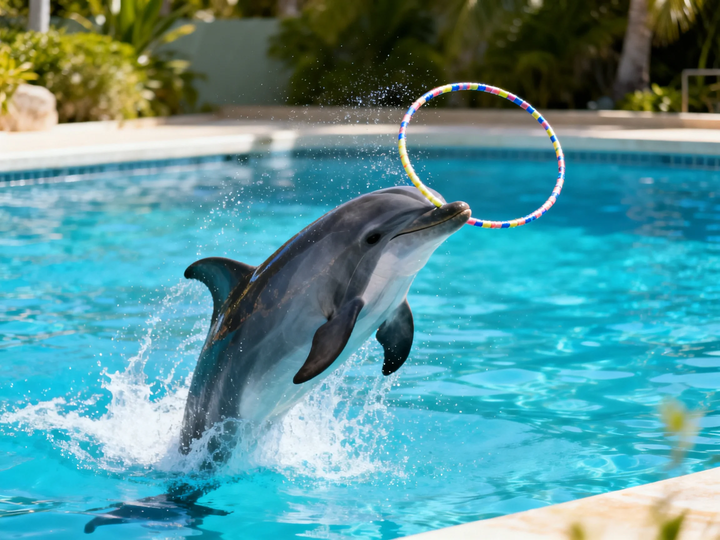 A gray dolphin leaps through a colorful hoop in a bright blue pool