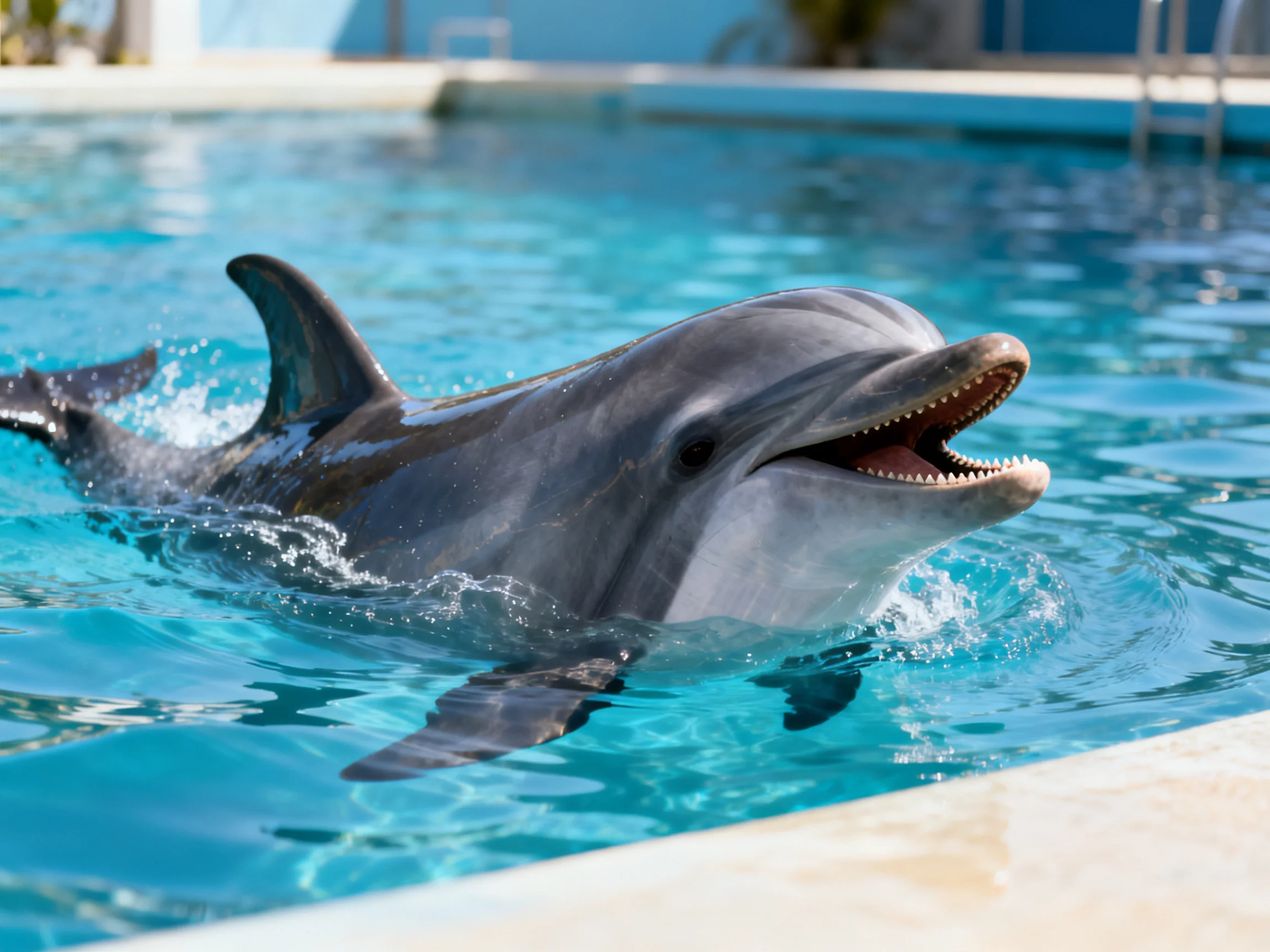 A gray dolphin plays in a clear blue pool