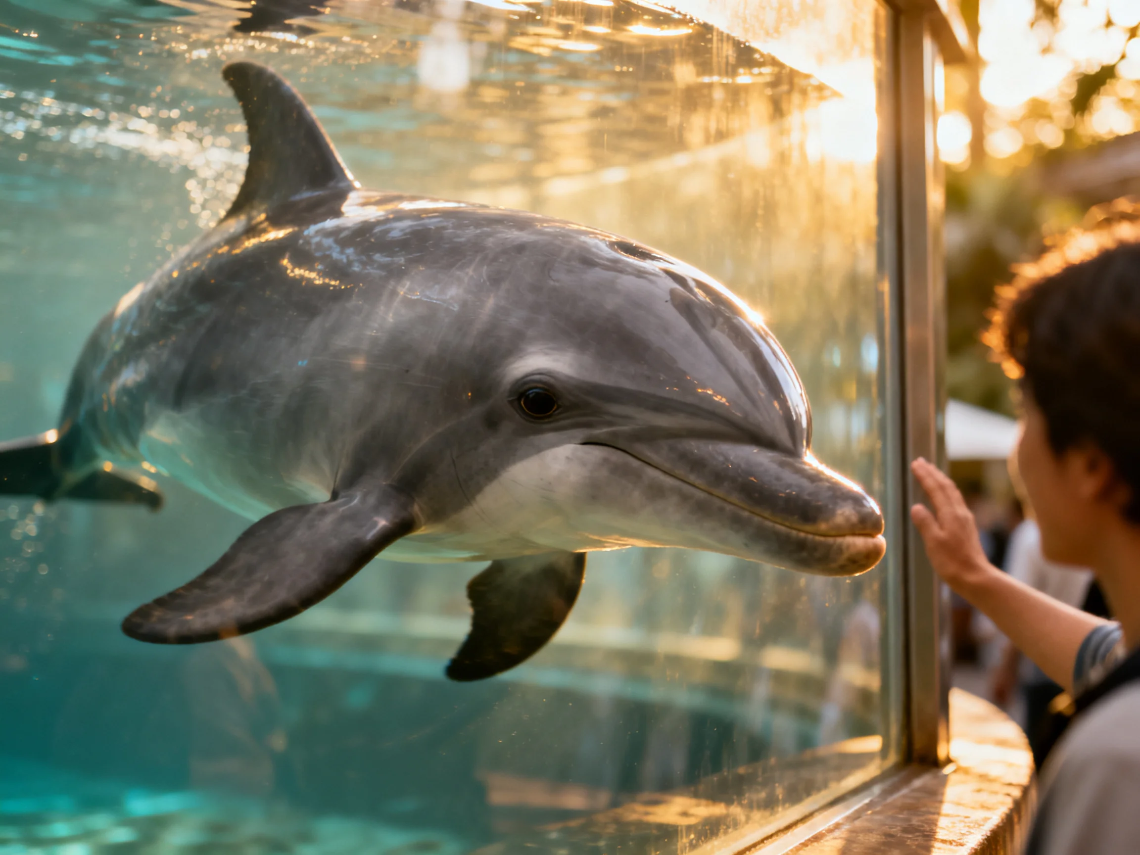 A gray dolphin swims near a glass tank with a visitor