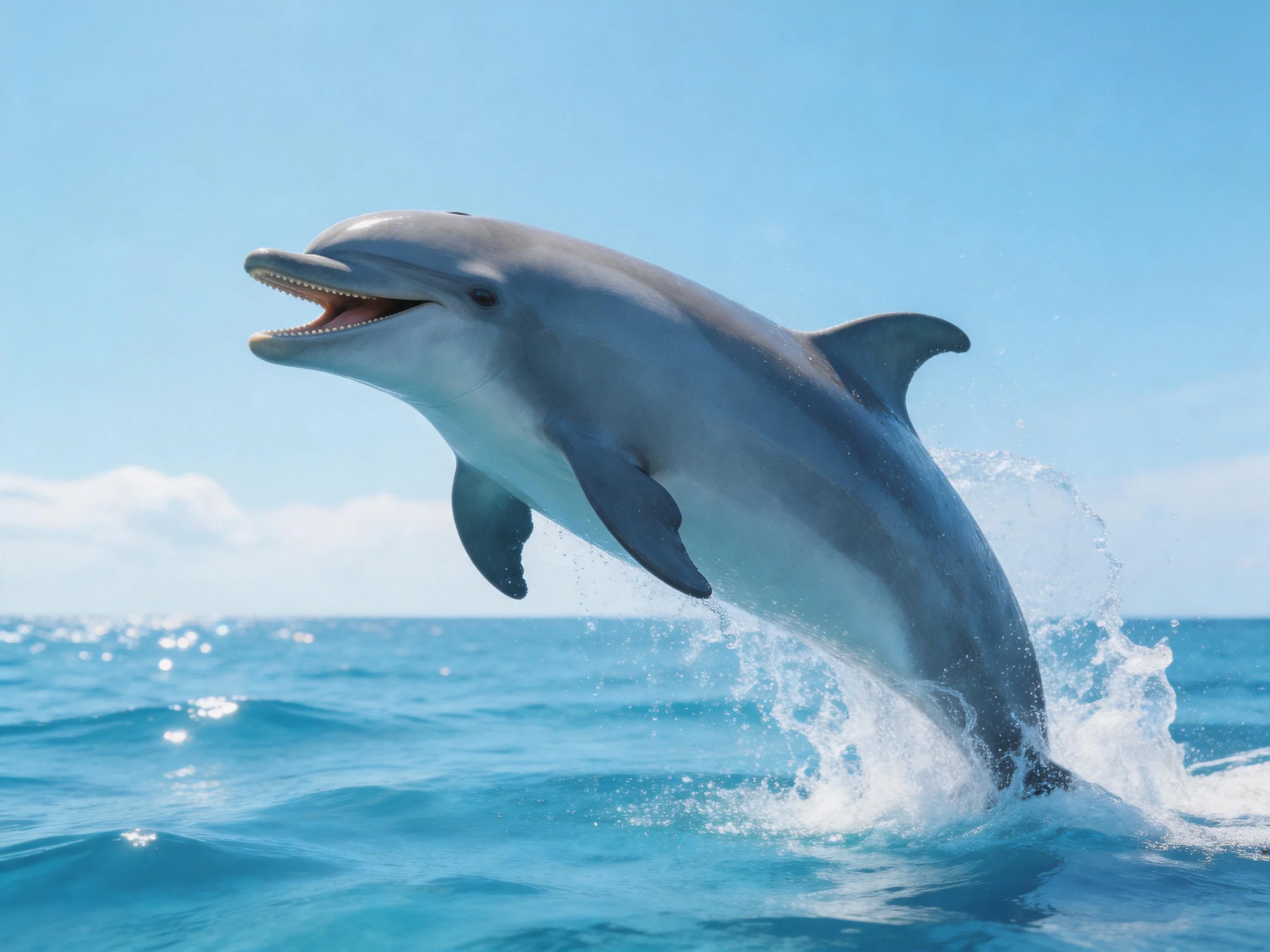 A gray dolphinleaps from turquoise ocean waters under clear sky