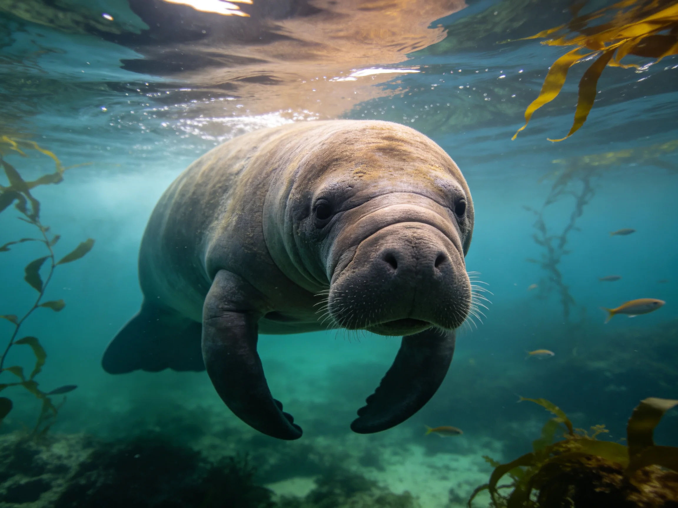 A gray manatee swims near yellow seaweed in clear turquoise water