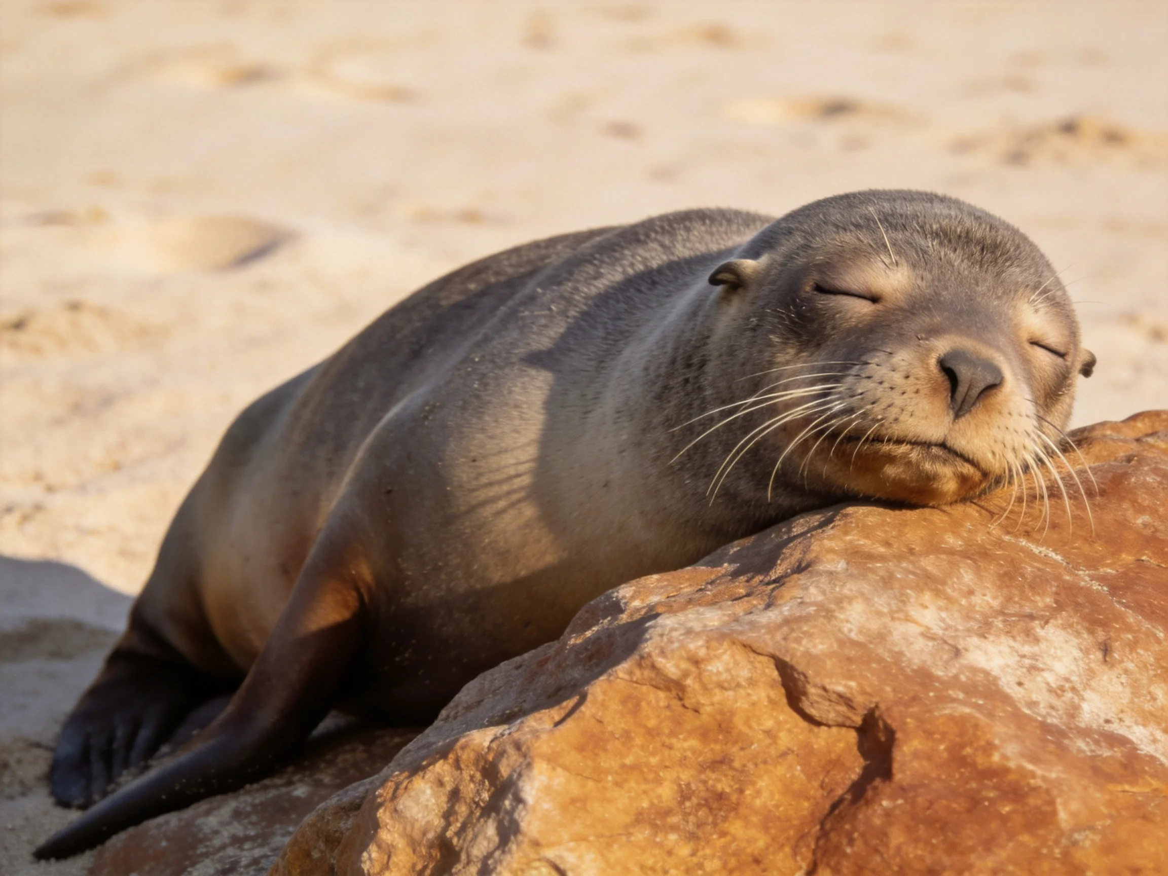 A gray sea lion rests atop a brown rocky formation on sandy ground