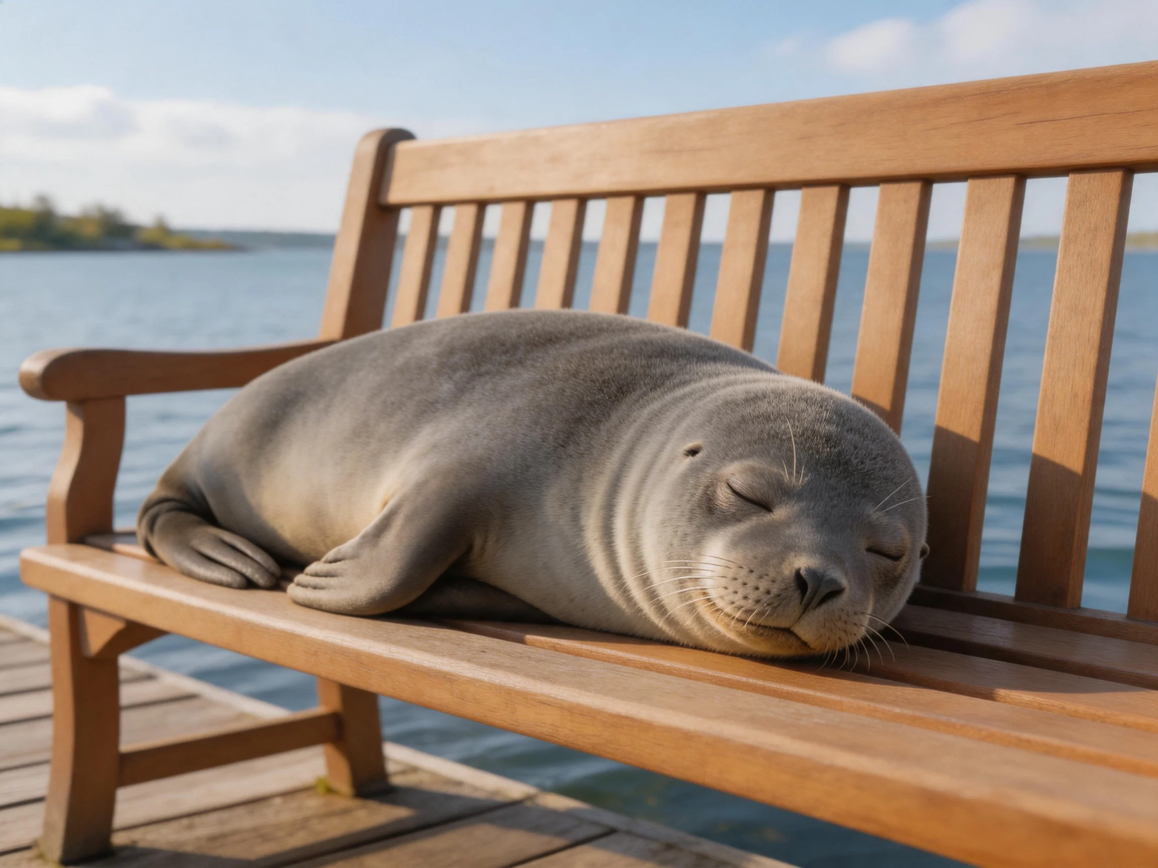 A gray sea lion rests on a wooden bench by calm blue waters