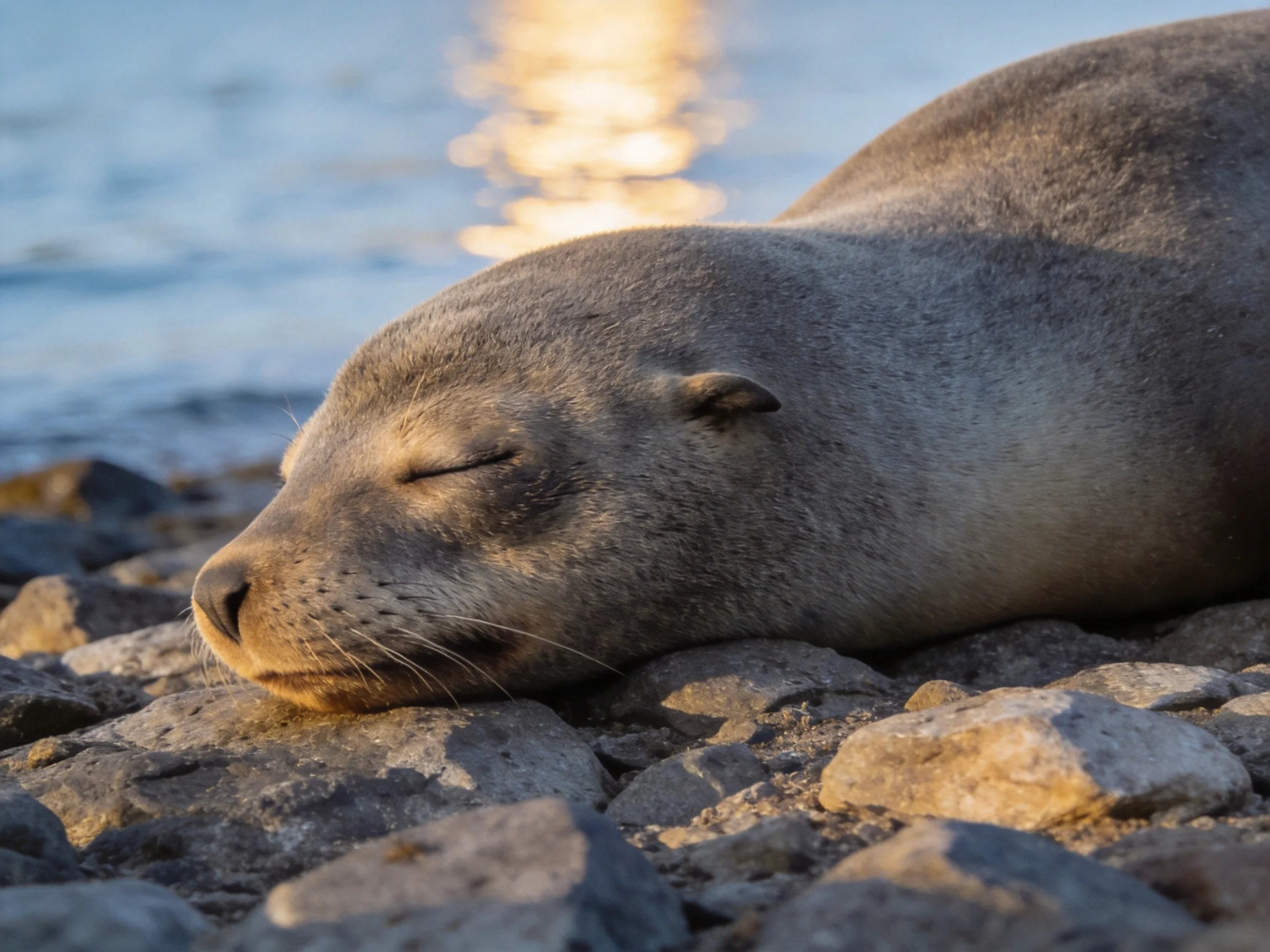 A gray sea lion rests on rocky terrain near calm water