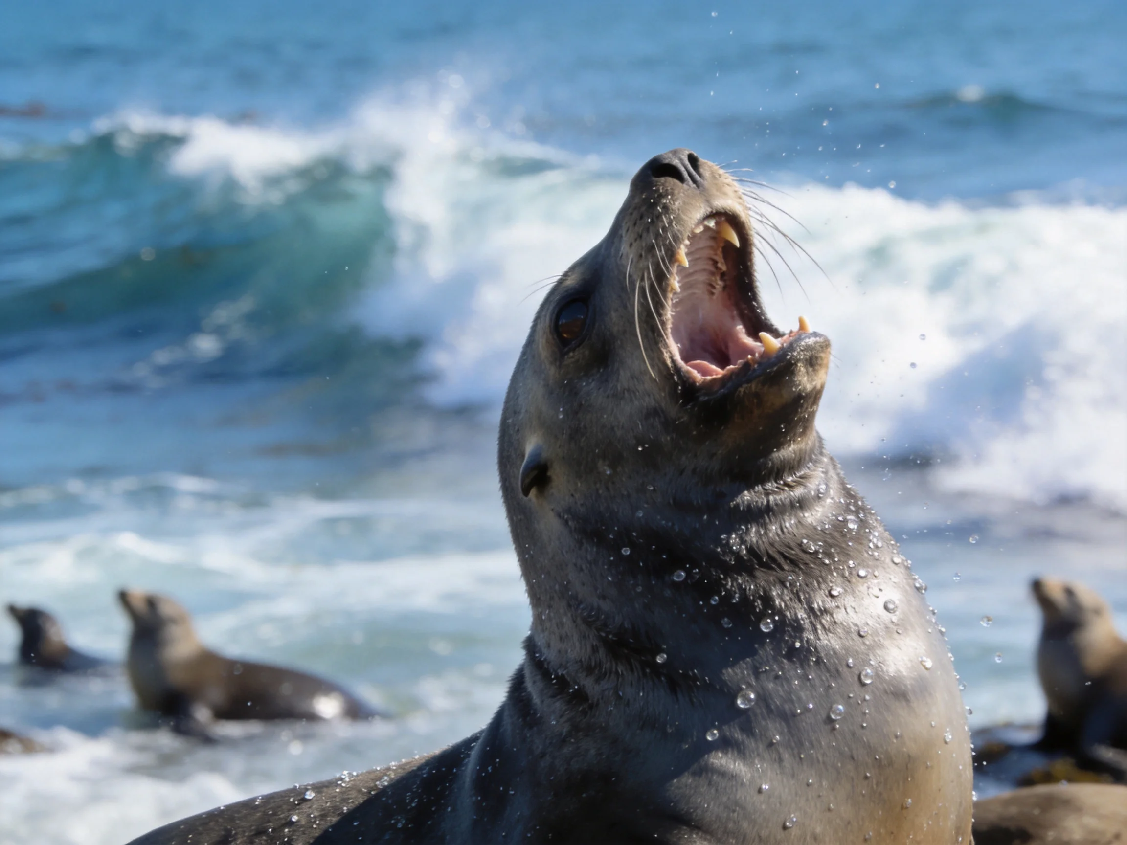 A gray sea lion yawning amid crashing blue ocean waves