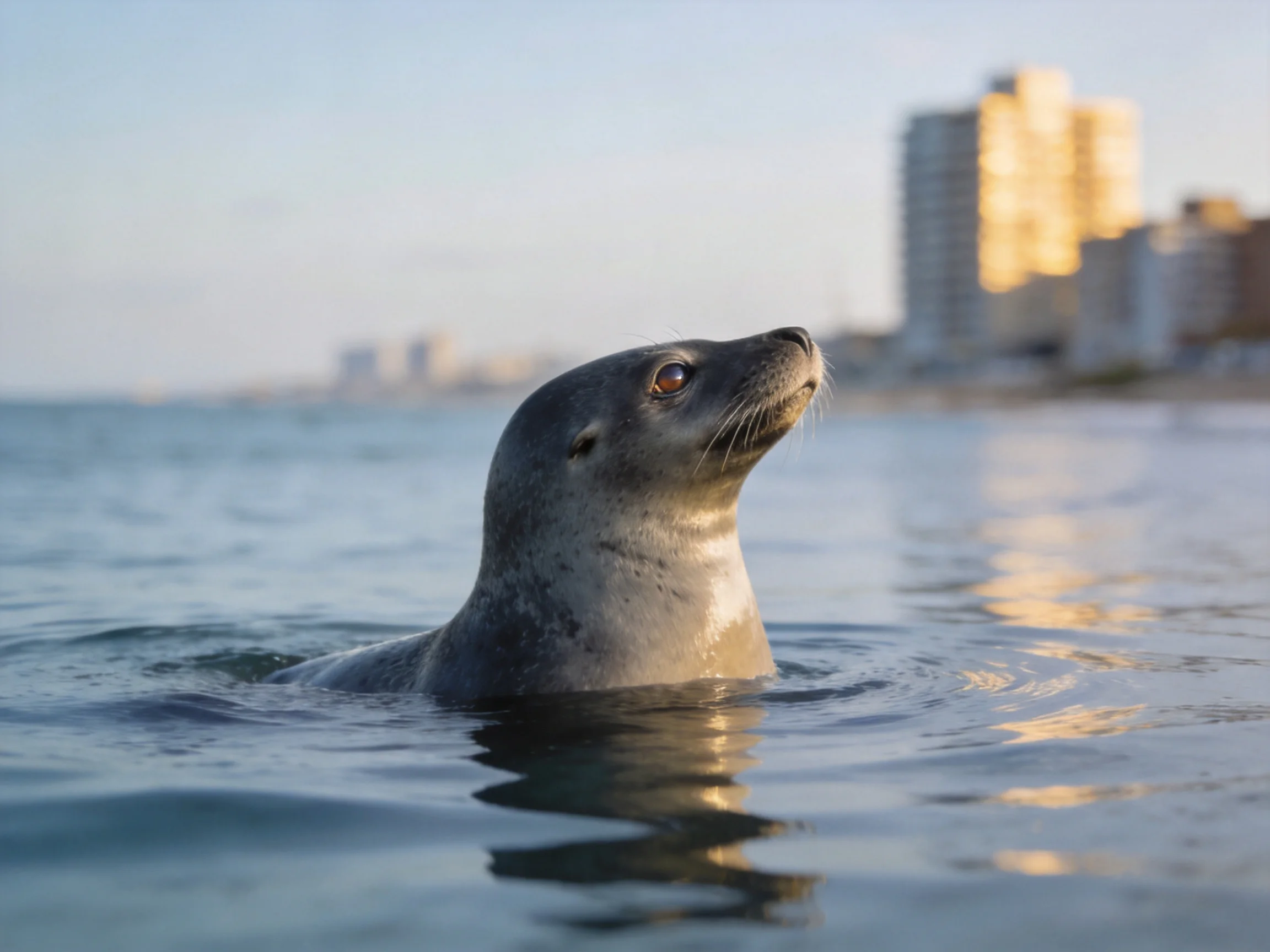 A gray seal floats in calm blue ocean water near coastal buildings