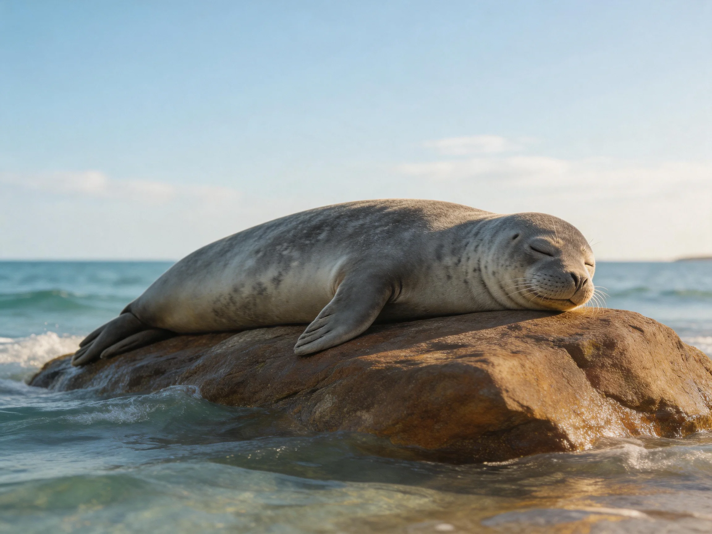 A gray seal rests on a brown rock near turquoise ocean waters