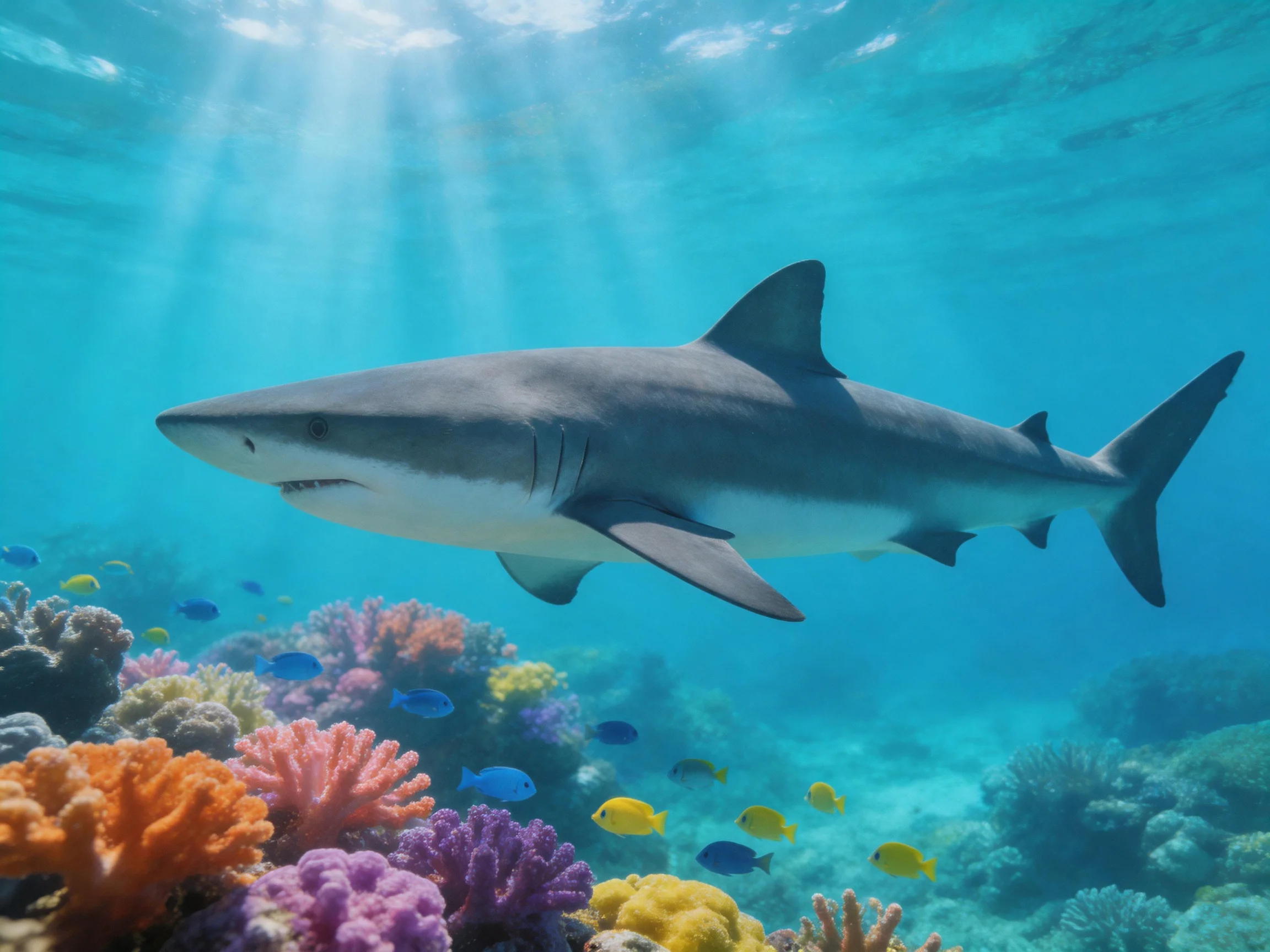 A gray shark swims near colorful coral reefs with tropical fish